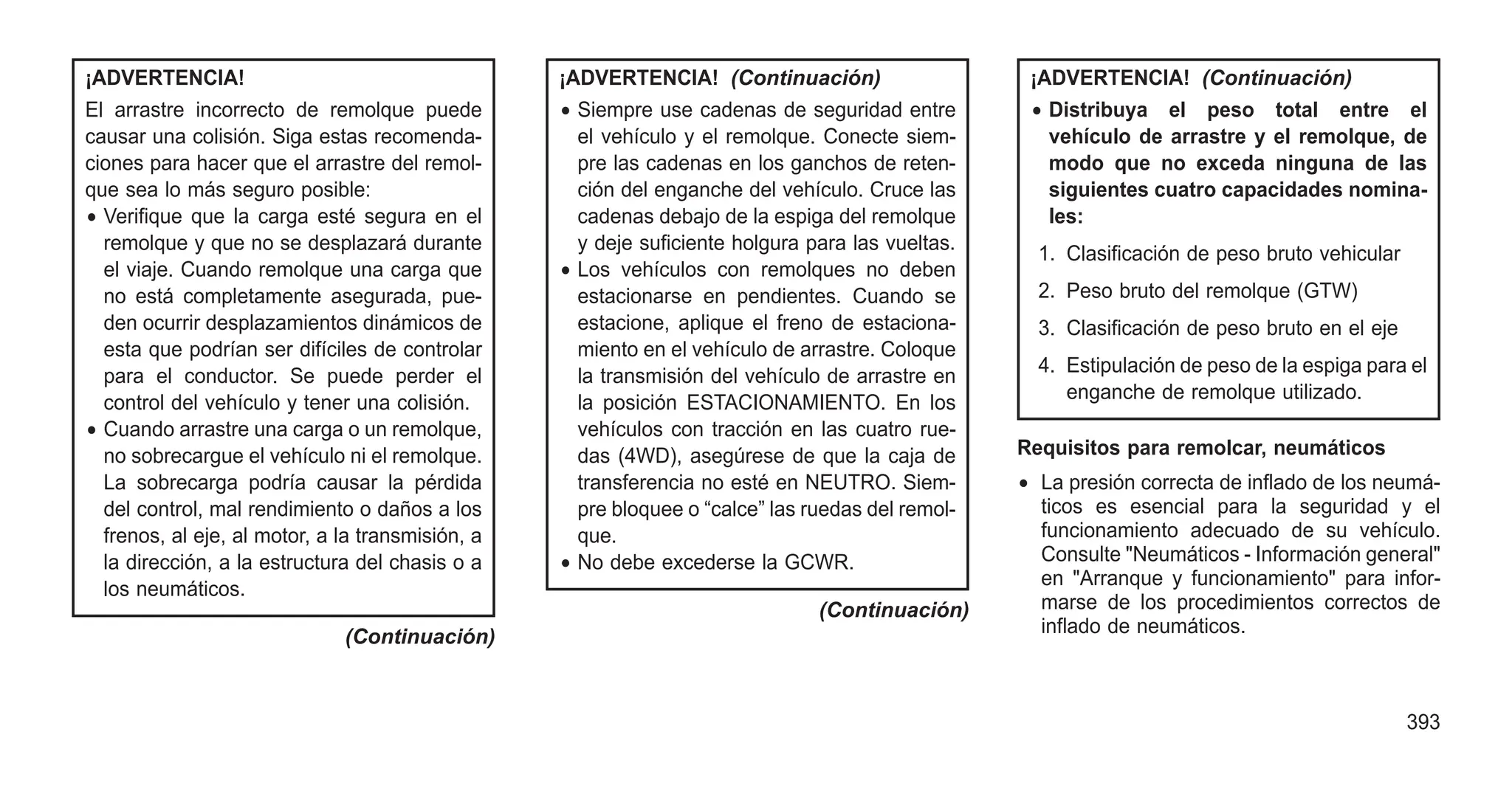 ¡ADVERTENCIA!
El arrastre incorrecto de remolque puede
causar una colisión. Siga estas recomenda-
ciones para hacer que el arrastre del remol-
que sea lo más seguro posible:
• Verifique que la carga esté segura en el
remolque y que no se desplazará durante
el viaje. Cuando remolque una carga que
no está completamente asegurada, pue-
den ocurrir desplazamientos dinámicos de
esta que podrían ser difíciles de controlar
para el conductor. Se puede perder el
control del vehículo y tener una colisión.
• Cuando arrastre una carga o un remolque,
no sobrecargue el vehículo ni el remolque.
La sobrecarga podría causar la pérdida
del control, mal rendimiento o daños a los
frenos, al eje, al motor, a la transmisión, a
la dirección, a la estructura del chasis o a
los neumáticos.
(Continuación)
¡ADVERTENCIA! (Continuación)
• Siempre use cadenas de seguridad entre
el vehículo y el remolque. Conecte siem-
pre las cadenas en los ganchos de reten-
ción del enganche del vehículo. Cruce las
cadenas debajo de la espiga del remolque
y deje suficiente holgura para las vueltas.
• Los vehículos con remolques no deben
estacionarse en pendientes. Cuando se
estacione, aplique el freno de estaciona-
miento en el vehículo de arrastre. Coloque
la transmisión del vehículo de arrastre en
la posición ESTACIONAMIENTO. En los
vehículos con tracción en las cuatro rue-
das (4WD), asegúrese de que la caja de
transferencia no esté en NEUTRO. Siem-
pre bloquee o “calce” las ruedas del remol-
que.
• No debe excederse la GCWR.
(Continuación)
¡ADVERTENCIA! (Continuación)
• Distribuya el peso total entre el
vehículo de arrastre y el remolque, de
modo que no exceda ninguna de las
siguientes cuatro capacidades nomina-
les:
1. Clasificación de peso bruto vehicular
2. Peso bruto del remolque (GTW)
3. Clasificación de peso bruto en el eje
4. Estipulación de peso de la espiga para el
enganche de remolque utilizado.
Requisitos para remolcar, neumáticos
• La presión correcta de inflado de los neumá-
ticos es esencial para la seguridad y el
funcionamiento adecuado de su vehículo.
Consulte "Neumáticos - Información general"
en "Arranque y funcionamiento" para infor-
marse de los procedimientos correctos de
inflado de neumáticos.
393
 