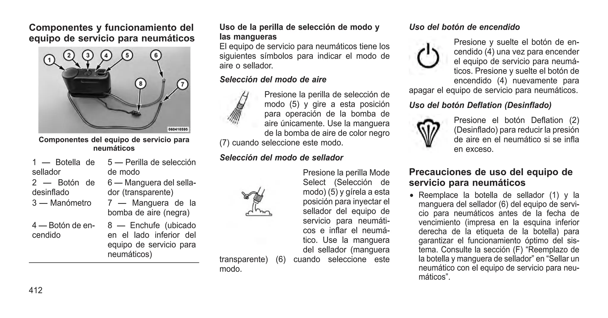 Componentes y funcionamiento del
equipo de servicio para neumáticos
Uso de la perilla de selección de modo y
las mangueras
El equipo de servicio para neumáticos tiene los
siguientes símbolos para indicar el modo de
aire o sellador.
Selección del modo de aire
Presione la perilla de selección de
modo (5) y gire a esta posición
para operación de la bomba de
aire únicamente. Use la manguera
de la bomba de aire de color negro
(7) cuando seleccione este modo.
Selección del modo de sellador
Presione la perilla Mode
Select (Selección de
modo) (5) y gírela a esta
posición para inyectar el
sellador del equipo de
servicio para neumáti-
cos e inflar el neumá-
tico. Use la manguera
del sellador (manguera
transparente) (6) cuando seleccione este
modo.
Uso del botón de encendido
Presione y suelte el botón de en-
cendido (4) una vez para encender
el equipo de servicio para neumá-
ticos. Presione y suelte el botón de
encendido (4) nuevamente para
apagar el equipo de servicio para neumáticos.
Uso del botón Deflation (Desinflado)
Presione el botón Deflation (2)
(Desinflado) para reducir la presión
de aire en el neumático si se infla
en exceso.
Precauciones de uso del equipo de
servicio para neumáticos
• Reemplace la botella de sellador (1) y la
manguera del sellador (6) del equipo de servi-
cio para neumáticos antes de la fecha de
vencimiento (impresa en la esquina inferior
derecha de la etiqueta de la botella) para
garantizar el funcionamiento óptimo del sis-
tema. Consulte la sección (F) “Reemplazo de
la botella y manguera de sellador” en “Sellar un
neumático con el equipo de servicio para neu-
máticos”.
Componentes del equipo de servicio para
neumáticos
1 — Botella de
sellador
5 — Perilla de selección
de modo
2 — Botón de
desinflado
6 — Manguera del sella-
dor (transparente)
3 — Manómetro 7 — Manguera de la
bomba de aire (negra)
4 — Botón de en-
cendido
8 — Enchufe (ubicado
en el lado inferior del
equipo de servicio para
neumáticos)
412
 