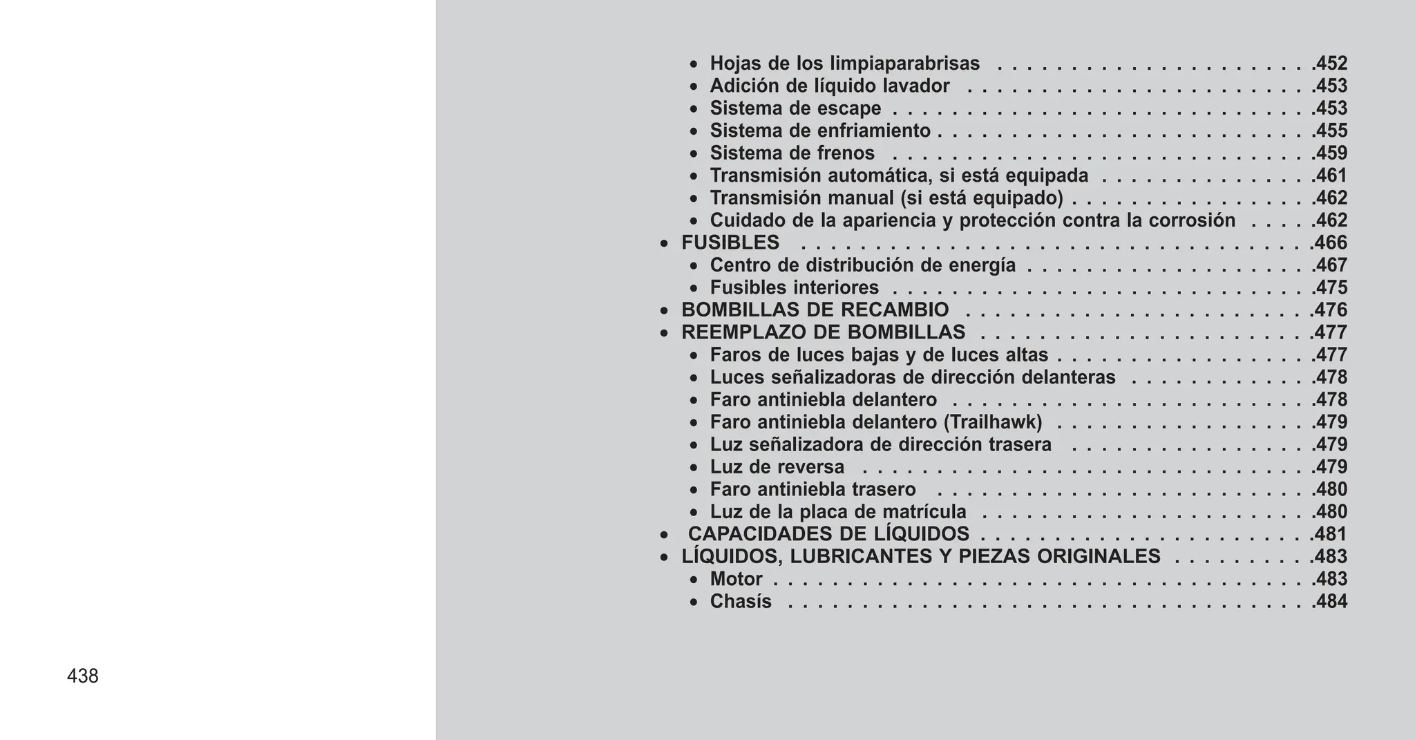 • Hojas de los limpiaparabrisas . . . . . . . . . . . . . . . . . . . . . .452
• Adición de líquido lavador . . . . . . . . . . . . . . . . . . . . . . . .453
• Sistema de escape . . . . . . . . . . . . . . . . . . . . . . . . . . . . .453
• Sistema de enfriamiento . . . . . . . . . . . . . . . . . . . . . . . . . .455
• Sistema de frenos . . . . . . . . . . . . . . . . . . . . . . . . . . . . .459
• Transmisión automática, si está equipada . . . . . . . . . . . . . . .461
• Transmisión manual (si está equipado) . . . . . . . . . . . . . . . . .462
• Cuidado de la apariencia y protección contra la corrosión . . . . .462
• FUSIBLES . . . . . . . . . . . . . . . . . . . . . . . . . . . . . . . . . . .466
• Centro de distribución de energía . . . . . . . . . . . . . . . . . . . .467
• Fusibles interiores . . . . . . . . . . . . . . . . . . . . . . . . . . . . .475
• BOMBILLAS DE RECAMBIO . . . . . . . . . . . . . . . . . . . . . . . .476
• REEMPLAZO DE BOMBILLAS . . . . . . . . . . . . . . . . . . . . . . .477
• Faros de luces bajas y de luces altas . . . . . . . . . . . . . . . . . .477
• Luces señalizadoras de dirección delanteras . . . . . . . . . . . . .478
• Faro antiniebla delantero . . . . . . . . . . . . . . . . . . . . . . . . .478
• Faro antiniebla delantero (Trailhawk) . . . . . . . . . . . . . . . . . .479
• Luz señalizadora de dirección trasera . . . . . . . . . . . . . . . . .479
• Luz de reversa . . . . . . . . . . . . . . . . . . . . . . . . . . . . . . .479
• Faro antiniebla trasero . . . . . . . . . . . . . . . . . . . . . . . . . .480
• Luz de la placa de matrícula . . . . . . . . . . . . . . . . . . . . . . .480
• CAPACIDADES DE LÍQUIDOS . . . . . . . . . . . . . . . . . . . . . . .481
• LÍQUIDOS, LUBRICANTES Y PIEZAS ORIGINALES . . . . . . . . . .483
• Motor . . . . . . . . . . . . . . . . . . . . . . . . . . . . . . . . . . . . .483
• Chasís . . . . . . . . . . . . . . . . . . . . . . . . . . . . . . . . . . . .484
438
 