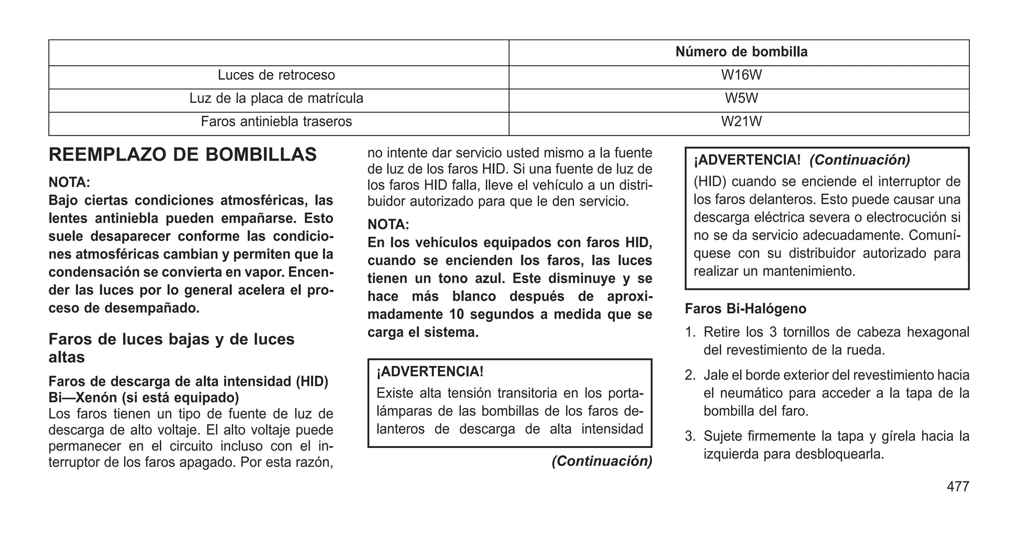 Número de bombilla
Luces de retroceso W16W
Luz de la placa de matrícula W5W
Faros antiniebla traseros W21W
REEMPLAZO DE BOMBILLAS
NOTA:
Bajo ciertas condiciones atmosféricas, las
lentes antiniebla pueden empañarse. Esto
suele desaparecer conforme las condicio-
nes atmosféricas cambian y permiten que la
condensación se convierta en vapor. Encen-
der las luces por lo general acelera el pro-
ceso de desempañado.
Faros de luces bajas y de luces
altas
Faros de descarga de alta intensidad (HID)
Bi—Xenón (si está equipado)
Los faros tienen un tipo de fuente de luz de
descarga de alto voltaje. El alto voltaje puede
permanecer en el circuito incluso con el in-
terruptor de los faros apagado. Por esta razón,
no intente dar servicio usted mismo a la fuente
de luz de los faros HID. Si una fuente de luz de
los faros HID falla, lleve el vehículo a un distri-
buidor autorizado para que le den servicio.
NOTA:
En los vehículos equipados con faros HID,
cuando se encienden los faros, las luces
tienen un tono azul. Este disminuye y se
hace más blanco después de aproxi-
madamente 10 segundos a medida que se
carga el sistema.
¡ADVERTENCIA!
Existe alta tensión transitoria en los porta-
lámparas de las bombillas de los faros de-
lanteros de descarga de alta intensidad
(Continuación)
¡ADVERTENCIA! (Continuación)
(HID) cuando se enciende el interruptor de
los faros delanteros. Esto puede causar una
descarga eléctrica severa o electrocución si
no se da servicio adecuadamente. Comuní-
quese con su distribuidor autorizado para
realizar un mantenimiento.
Faros Bi-Halógeno
1. Retire los 3 tornillos de cabeza hexagonal
del revestimiento de la rueda.
2. Jale el borde exterior del revestimiento hacia
el neumático para acceder a la tapa de la
bombilla del faro.
3. Sujete firmemente la tapa y gírela hacia la
izquierda para desbloquearla.
477
 