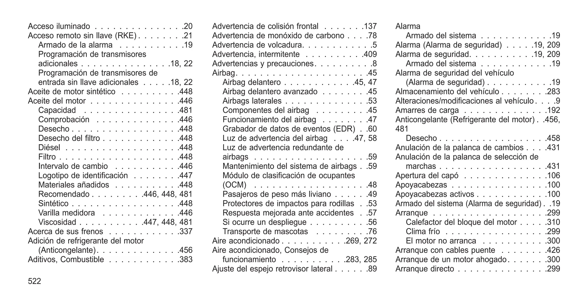 Acceso iluminado . . . . . . . . . . . . . . .20
Acceso remoto sin llave (RKE) . . . . . . . .21
Armado de la alarma . . . . . . . . . . .19
Programación de transmisores
adicionales . . . . . . . . . . . . . . .18, 22
Programación de transmisores de
entrada sin llave adicionales . . . . .18, 22
Aceite de motor sintético . . . . . . . . . .448
Aceite del motor . . . . . . . . . . . . . . .446
Capacidad . . . . . . . . . . . . . . . .481
Comprobación . . . . . . . . . . . . . .446
Desecho . . . . . . . . . . . . . . . . . .448
Desecho del filtro . . . . . . . . . . . . .448
Diésel . . . . . . . . . . . . . . . . . . .448
Filtro . . . . . . . . . . . . . . . . . . . .448
Intervalo de cambio . . . . . . . . . . .446
Logotipo de identificación . . . . . . . .447
Materiales añadidos . . . . . . . . . . .448
Recomendado . . . . . . . . .446, 448, 481
Sintético . . . . . . . . . . . . . . . . . .448
Varilla medidora . . . . . . . . . . . . .446
Viscosidad . . . . . . . . . . .447, 448, 481
Acerca de sus frenos . . . . . . . . . . . .337
Adición de refrigerante del motor
(Anticongelante). . . . . . . . . . . . . .456
Aditivos, Combustible . . . . . . . . . . . .383
Advertencia de colisión frontal . . . . . . .137
Advertencia de monóxido de carbono . . . .78
Advertencia de volcadura. . . . . . . . . . . .5
Advertencia, intermitente . . . . . . . . . .409
Advertencias y precauciones. . . . . . . . . .8
Airbag. . . . . . . . . . . . . . . . . . . . . .45
Airbag delantero . . . . . . . . . . . .45, 47
Airbag delantero avanzado . . . . . . . .45
Airbags laterales . . . . . . . . . . . . . .53
Componentes del airbag . . . . . . . . .45
Funcionamiento del airbag . . . . . . . .47
Grabador de datos de eventos (EDR) . .60
Luz de advertencia del airbag . . . .47, 58
Luz de advertencia redundante de
airbags . . . . . . . . . . . . . . . . . . .59
Mantenimiento del sistema de airbags . .59
Módulo de clasificación de ocupantes
(OCM) . . . . . . . . . . . . . . . . . . .48
Pasajeros de peso más liviano . . . . . .49
Protectores de impactos para rodillas . .53
Respuesta mejorada ante accidentes . .57
Si ocurre un despliegue . . . . . . . . . .56
Transporte de mascotas . . . . . . . . .76
Aire acondicionado . . . . . . . . . . .269, 272
Aire acondicionado, Consejos de
funcionamiento . . . . . . . . . . .283, 285
Ajuste del espejo retrovisor lateral . . . . . .89
Alarma
Armado del sistema . . . . . . . . . . . .19
Alarma (Alarma de seguridad) . . . . .19, 209
Alarma de seguridad. . . . . . . . . . .19, 209
Armado del sistema . . . . . . . . . . . .19
Alarma de seguridad del vehículo
(Alarma de seguridad) . . . . . . . . . . .19
Almacenamiento del vehículo . . . . . . . .283
Alteraciones/modificaciones al vehículo . . . .9
Amarres de carga . . . . . . . . . . . . . .192
Anticongelante (Refrigerante del motor) . .456,
481
Desecho . . . . . . . . . . . . . . . . . .458
Anulación de la palanca de cambios . . . .431
Anulación de la palanca de selección de
marchas . . . . . . . . . . . . . . . . . .431
Apertura del capó . . . . . . . . . . . . . .106
Apoyacabezas . . . . . . . . . . . . . . . .100
Apoyacabezas activos . . . . . . . . . . . .100
Armado del sistema (Alarma de seguridad) . .19
Arranque . . . . . . . . . . . . . . . . . . .299
Calefactor del bloque del motor . . . . .310
Clima frío . . . . . . . . . . . . . . . . .299
El motor no arranca . . . . . . . . . . .300
Arranque con cables puente . . . . . . . .426
Arranque de un motor ahogado. . . . . . .300
Arranque directo . . . . . . . . . . . . . . .299
522
 