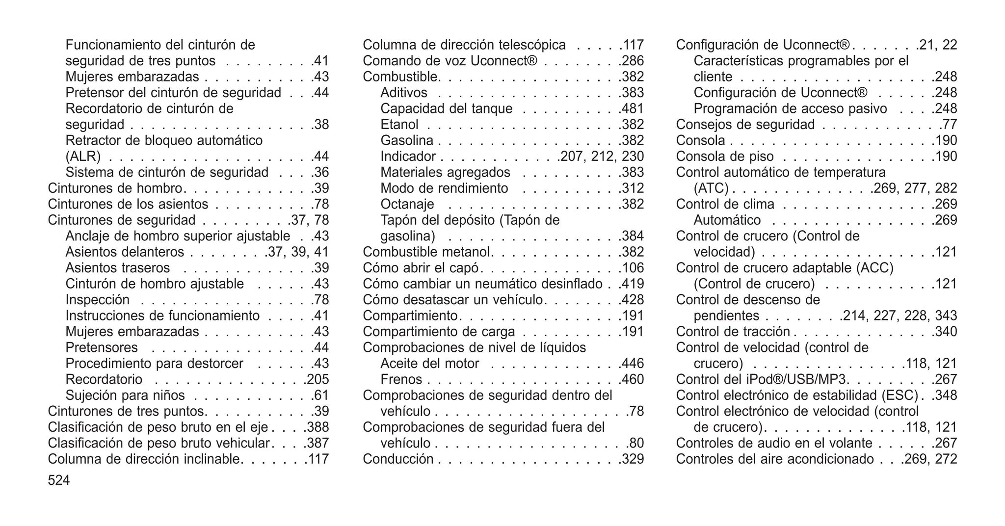 Funcionamiento del cinturón de
seguridad de tres puntos . . . . . . . . .41
Mujeres embarazadas . . . . . . . . . . .43
Pretensor del cinturón de seguridad . . .44
Recordatorio de cinturón de
seguridad . . . . . . . . . . . . . . . . . .38
Retractor de bloqueo automático
(ALR) . . . . . . . . . . . . . . . . . . . .44
Sistema de cinturón de seguridad . . . .36
Cinturones de hombro. . . . . . . . . . . . .39
Cinturones de los asientos . . . . . . . . . .78
Cinturones de seguridad . . . . . . . . .37, 78
Anclaje de hombro superior ajustable . .43
Asientos delanteros . . . . . . . .37, 39, 41
Asientos traseros . . . . . . . . . . . . .39
Cinturón de hombro ajustable . . . . . .43
Inspección . . . . . . . . . . . . . . . . .78
Instrucciones de funcionamiento . . . . .41
Mujeres embarazadas . . . . . . . . . . .43
Pretensores . . . . . . . . . . . . . . . .44
Procedimiento para destorcer . . . . . .43
Recordatorio . . . . . . . . . . . . . . .205
Sujeción para niños . . . . . . . . . . . .61
Cinturones de tres puntos. . . . . . . . . . .39
Clasificación de peso bruto en el eje . . . .388
Clasificación de peso bruto vehicular. . . .387
Columna de dirección inclinable. . . . . . .117
Columna de dirección telescópica . . . . .117
Comando de voz Uconnect® . . . . . . . .286
Combustible. . . . . . . . . . . . . . . . . .382
Aditivos . . . . . . . . . . . . . . . . . .383
Capacidad del tanque . . . . . . . . . .481
Etanol . . . . . . . . . . . . . . . . . . .382
Gasolina . . . . . . . . . . . . . . . . . .382
Indicador . . . . . . . . . . . .207, 212, 230
Materiales agregados . . . . . . . . . .383
Modo de rendimiento . . . . . . . . . .312
Octanaje . . . . . . . . . . . . . . . . .382
Tapón del depósito (Tapón de
gasolina) . . . . . . . . . . . . . . . . .384
Combustible metanol. . . . . . . . . . . . .382
Cómo abrir el capó. . . . . . . . . . . . . .106
Cómo cambiar un neumático desinflado . .419
Cómo desatascar un vehículo. . . . . . . .428
Compartimiento. . . . . . . . . . . . . . . .191
Compartimiento de carga . . . . . . . . . .191
Comprobaciones de nivel de líquidos
Aceite del motor . . . . . . . . . . . . .446
Frenos . . . . . . . . . . . . . . . . . . .460
Comprobaciones de seguridad dentro del
vehículo . . . . . . . . . . . . . . . . . . .78
Comprobaciones de seguridad fuera del
vehículo . . . . . . . . . . . . . . . . . . .80
Conducción . . . . . . . . . . . . . . . . . .329
Configuración de Uconnect® . . . . . . .21, 22
Características programables por el
cliente . . . . . . . . . . . . . . . . . . .248
Configuración de Uconnect® . . . . . .248
Programación de acceso pasivo . . . .248
Consejos de seguridad . . . . . . . . . . . .77
Consola . . . . . . . . . . . . . . . . . . . .190
Consola de piso . . . . . . . . . . . . . . .190
Control automático de temperatura
(ATC) . . . . . . . . . . . . . .269, 277, 282
Control de clima . . . . . . . . . . . . . . .269
Automático . . . . . . . . . . . . . . . .269
Control de crucero (Control de
velocidad) . . . . . . . . . . . . . . . . .121
Control de crucero adaptable (ACC)
(Control de crucero) . . . . . . . . . . .121
Control de descenso de
pendientes . . . . . . . .214, 227, 228, 343
Control de tracción . . . . . . . . . . . . . .340
Control de velocidad (control de
crucero) . . . . . . . . . . . . . . .118, 121
Control del iPod®/USB/MP3. . . . . . . . .267
Control electrónico de estabilidad (ESC) . .348
Control electrónico de velocidad (control
de crucero). . . . . . . . . . . . . .118, 121
Controles de audio en el volante . . . . . .267
Controles del aire acondicionado . . .269, 272
524
 