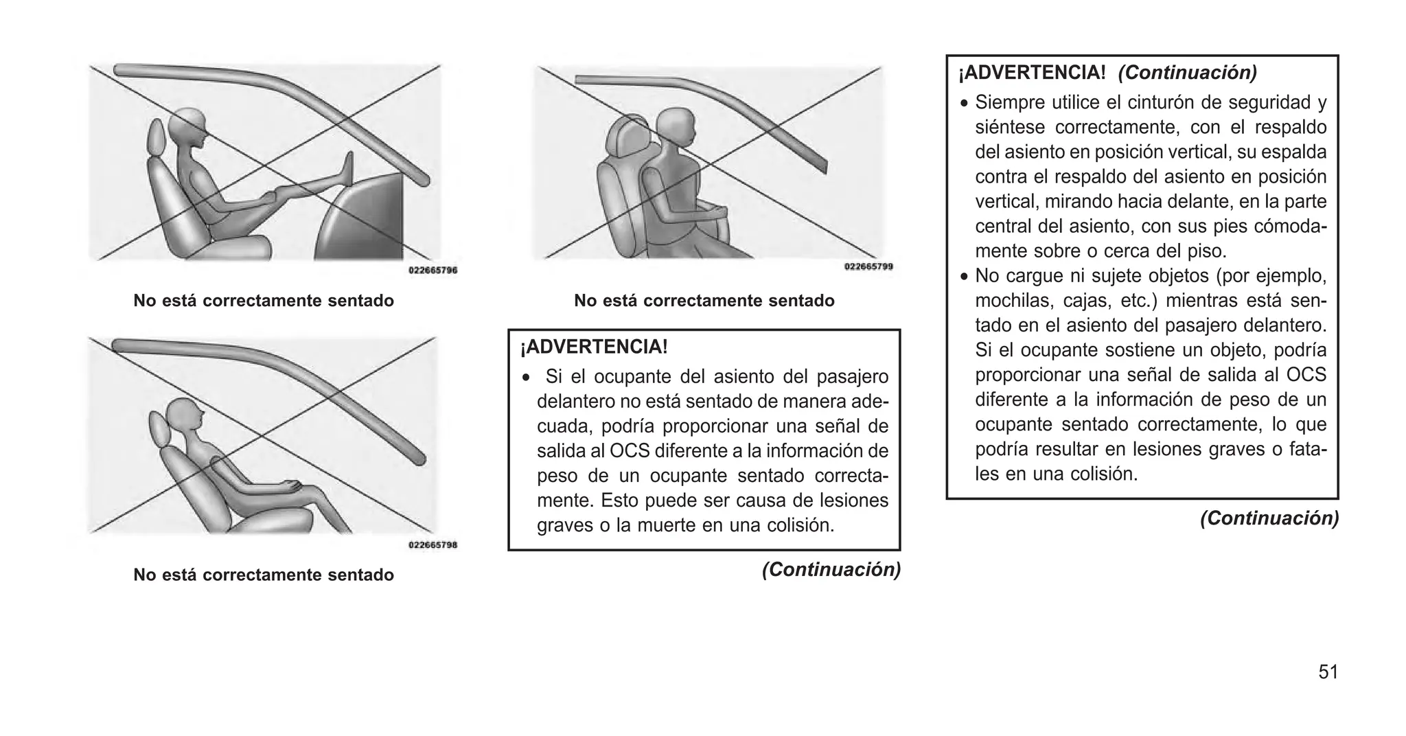 ¡ADVERTENCIA!
• Si el ocupante del asiento del pasajero
delantero no está sentado de manera ade-
cuada, podría proporcionar una señal de
salida al OCS diferente a la información de
peso de un ocupante sentado correcta-
mente. Esto puede ser causa de lesiones
graves o la muerte en una colisión.
(Continuación)
¡ADVERTENCIA! (Continuación)
• Siempre utilice el cinturón de seguridad y
siéntese correctamente, con el respaldo
del asiento en posición vertical, su espalda
contra el respaldo del asiento en posición
vertical, mirando hacia delante, en la parte
central del asiento, con sus pies cómoda-
mente sobre o cerca del piso.
• No cargue ni sujete objetos (por ejemplo,
mochilas, cajas, etc.) mientras está sen-
tado en el asiento del pasajero delantero.
Si el ocupante sostiene un objeto, podría
proporcionar una señal de salida al OCS
diferente a la información de peso de un
ocupante sentado correctamente, lo que
podría resultar en lesiones graves o fata-
les en una colisión.
(Continuación)
No está correctamente sentado
No está correctamente sentado
No está correctamente sentado
51
 
