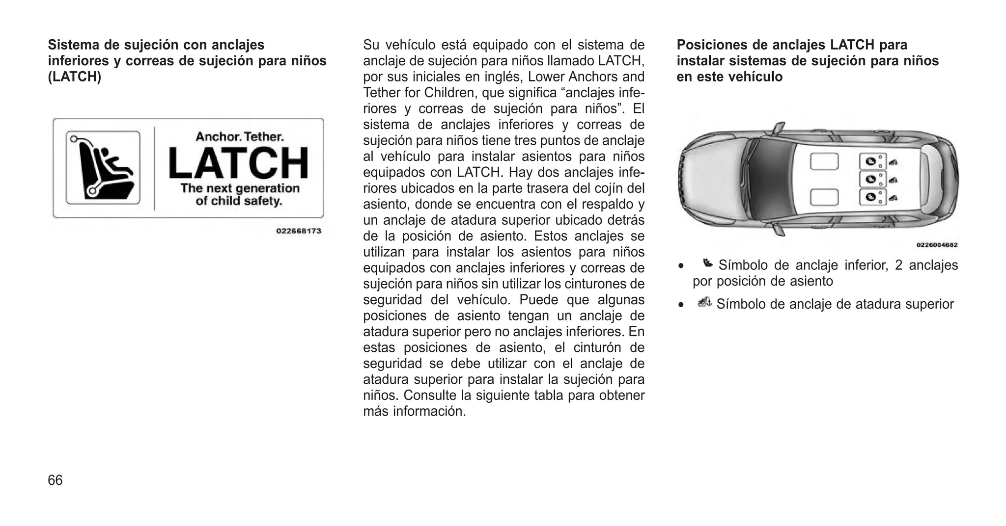 Sistema de sujeción con anclajes
inferiores y correas de sujeción para niños
(LATCH)
Su vehículo está equipado con el sistema de
anclaje de sujeción para niños llamado LATCH,
por sus iniciales en inglés, Lower Anchors and
Tether for Children, que significa “anclajes infe-
riores y correas de sujeción para niños”. El
sistema de anclajes inferiores y correas de
sujeción para niños tiene tres puntos de anclaje
al vehículo para instalar asientos para niños
equipados con LATCH. Hay dos anclajes infe-
riores ubicados en la parte trasera del cojín del
asiento, donde se encuentra con el respaldo y
un anclaje de atadura superior ubicado detrás
de la posición de asiento. Estos anclajes se
utilizan para instalar los asientos para niños
equipados con anclajes inferiores y correas de
sujeción para niños sin utilizar los cinturones de
seguridad del vehículo. Puede que algunas
posiciones de asiento tengan un anclaje de
atadura superior pero no anclajes inferiores. En
estas posiciones de asiento, el cinturón de
seguridad se debe utilizar con el anclaje de
atadura superior para instalar la sujeción para
niños. Consulte la siguiente tabla para obtener
más información.
Posiciones de anclajes LATCH para
instalar sistemas de sujeción para niños
en este vehículo
• Símbolo de anclaje inferior, 2 anclajes
por posición de asiento
• Símbolo de anclaje de atadura superior
66
 