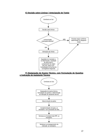 E) Decisão sobre Liminar/ Antecipação de Tutela


                           Conclusos ao Juiz




                         Decisão sobre liminar




                                                                Processo segue conforme
                           Liminar/tutela                 NÃO
                                                                determinado no despacho
                        antecipada deferida?
                                                                         inicial



                             SIM


                         Intimação das Partes




                       Expedição de mandado e,
                      se determinado, expedição
                            de ofício para o
                        cumprimento de ordem
                         (art.316, caput e §2o,
                      Consolidação de Normas da
                        Corregedoria Regional)


      F) Designação de Exame Técnico, com Formulação de Quesitos
e Indicação de Assistente Técnico


                            Conclusos ao Juiz




                      Designação de exame técnico,
                  formulação de quesitos e determinação
                     de indicação de assistente técnico




                         Vista do laudo às partes




                      Complementação do laudo, se
                   necessário, com renovação da vista.



                   Remessa ao Contador/vista MPF, se
                             necessário.




                     Sentença ou prosseguimento da
                        instrução, se necessário.



                                                                               17
 