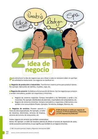 PAG.
12 MANUAL JOVENES EMPRENDEDORES INICIAN SU NEGOCIO
negocio
idea de
Para estructurar la idea de negocio que vas a llevar a cabo es necesario saber en qué tipo
de actividad te involucrarás. Los negocios se clasifican en:
n Negocios de producción o industriales: Transforman materia prima para producir bienes.
Por ejemplo: fabricantes de ladrillos, muebles, ropa, etc.
n Negocios de comercio: Se dedican a la transacción de bienes. Son los negocios que compran
y venden mercadería, pueden ser mayoristas o minoristas.
n	Negocio de comercio mayorista: Compra mercadería a los fabricantes y vende a los
minoristas. Por ejemplo: distribuidora de abarrotes, importadores de computadoras, etc.
n	Negocio de comercio minorista: Compra mercadería a mayoristas o fabricantes y las
venden a los consumidores finales. Ejemplos: ferreterías, bodegas, librerías, etc.
n Negocios de servicios: Proveen asesoría o
mano de obra especializada. Por ejemplo: un taller
de mecánica, electricistas, servicios de limpieza,
servicios de turismo, de restaurantes, etc.
Existen negocios de servicios que también comercializan
bienes. Por ejemplo: un taller de mecánica además de ofrecer el servicio de reparación de autos,
vende accesorios automotrices, lo que significa que también es un negocio minorista.
2
El 42% de jóvenes se inclina por negocios de
comercio, el 17% de alojamiento y restaurante,
y el 15% empresas de producción2
.
2. INEI. Encuesta Juventud, Empleo y Migración Internacional 2009.
 