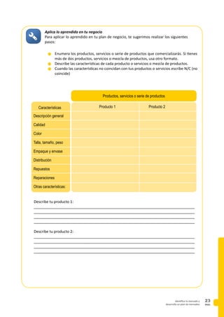 PAG.
23identifica tu mercado y
desarrolla un plan de mercadeo
n	Enumera los productos, servicios o serie de productos que comercializarás. Si tienes
más de dos productos, servicios o mezcla de productos, usa otro formato.
n	Describe las características de cada producto o servicios o mezcla de productos.
n	Cuando las características no coincidan con tus productos o servicios escribe N/C (no
coincide)
Aplica lo aprendido en tu negocio
Para aplicar lo aprendido en tu plan de negocio, te sugerimos realizar los siguientes
pasos:
Producto 1 Producto 2
Productos, servicios o serie de productos
Descripción general
Calidad
Color
Talla, tamaño, peso
Empaque y envase
Distribución
Repuestos
Reparaciones
Otras características:
Describe tu producto 1:
______________________________________________________________________________
______________________________________________________________________________
______________________________________________________________________________
______________________________________________________________________________
Describe tu producto 2:
______________________________________________________________________________
______________________________________________________________________________
______________________________________________________________________________
______________________________________________________________________________
Características
 