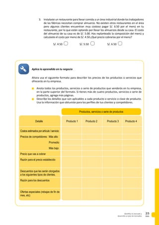 PAG.
25identifica tu mercado y
desarrolla un plan de mercadeo
3.	 Instalaste un restaurante para llevar comida a un área industrial donde los trabajadores
de las fábricas necesitan comprar almuerzo. No existen otros restaurantes en el área
pero algunos clientes encuentran muy costoso pagar S/. 6.50 por el menú en tu
restaurante, por lo que están optando por llevar los almuerzos desde su casa. El costo
del almuerzo de su casa es de S/. 5.00. Has replanteado la composición del menú y
calculaste el costo por menú de S/. 4.50 ¿Qué precio cobrarías por el menú?
		 S/. 4.50 S/. 5.50 S/. 6.50
Aplica lo aprendido en tu negocio
Producto 1
Productos, servicios o serie de productos
Detalle
Costos estimados por artículo / servicio
Precios de competidores: Más alto
		 Promedio
		 Más bajo
Precio que vas a cobrar
Razón para el precio establecido
Descuentos que les serán otorgados
a los siguientes tipos de clientes.
Razón para los descuentos
Ofertas especiales (rebajas de fin de
mes, etc)
Ahora usa el siguiente formato para describir los precios de los productos o servicios que
ofrecerás en tu empresa.
n	Anota todos los productos, servicios o serie de productos que venderás en tu empresa,
en la parte superior del formato. Si tienes más de cuatro productos, servicios o serie de
productos, agrega más páginas.
n	Describe los detalles que son aplicables a cada producto o servicio o clase de producto.
Usa la información que obtuviste para los perfiles de tus clientes y competidores.
Producto 2 Producto 3 Producto 4
 