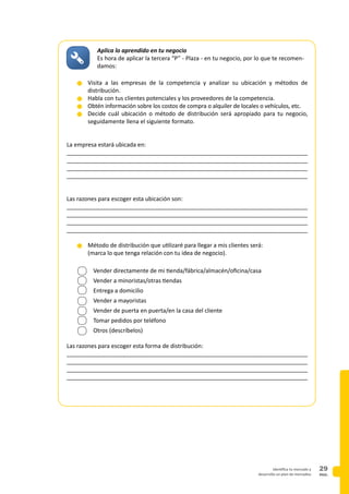 PAG.
29identifica tu mercado y
desarrolla un plan de mercadeo
Aplica lo aprendido en tu negocio
Es hora de aplicar la tercera “P” - Plaza - en tu negocio, por lo que te recomen-
damos:
n	Visita a las empresas de la competencia y analizar su ubicación y métodos de
distribución.
n	Habla con tus clientes potenciales y los proveedores de la competencia.
n	Obtén información sobre los costos de compra o alquiler de locales o vehículos, etc.
n	Decide cuál ubicación o método de distribución será apropiado para tu negocio,
seguidamente llena el siguiente formato.
La empresa estará ubicada en:
__________________________________________________________________________
__________________________________________________________________________
___________________________________________________________________________
___________________________________________________________________________
Las razones para escoger esta ubicación son:
__________________________________________________________________________
___________________________________________________________________________
__________________________________________________________________________
___________________________________________________________________________
n	Método de distribución que utilizaré para llegar a mis clientes será:
	 (marca lo que tenga relación con tu idea de negocio).
	 Vender directamente de mi tienda/fábrica/almacén/oficina/casa
	 Vender a minoristas/otras tiendas
	 Entrega a domicilio
	 Vender a mayoristas
	 Vender de puerta en puerta/en la casa del cliente
	 Tomar pedidos por teléfono
	 Otros (descríbelos)
Las razones para escoger esta forma de distribución:
__________________________________________________________________________
___________________________________________________________________________
__________________________________________________________________________
___________________________________________________________________________
 