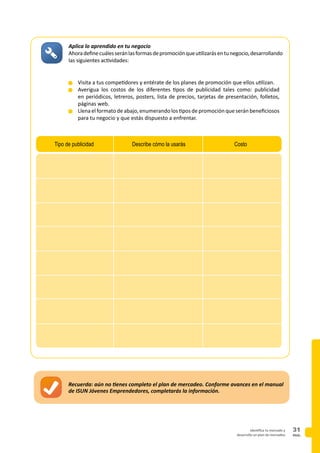 PAG.
31identifica tu mercado y
desarrolla un plan de mercadeo
n	Visita a tus competidores y entérate de los planes de promoción que ellos utilizan.
n	Averigua los costos de los diferentes tipos de publicidad tales como: publicidad
en periódicos, letreros, posters, lista de precios, tarjetas de presentación, folletos,
páginas web.
n	Llenaelformatodeabajo,enumerandolostiposdepromociónqueseránbeneficiosos
para tu negocio y que estás dispuesto a enfrentar.
Aplica lo aprendido en tu negocio
Ahoradefinecuálesseránlasformasdepromociónqueutilizarásentunegocio,desarrollando
las siguientes actividades:
Tipo de publicidad Describe cómo la usarás Costo
Recuerda: aún no tienes completo el plan de mercadeo. Conforme avances en el manual
de ISUN Jóvenes Emprendedores, completarás la información.
 