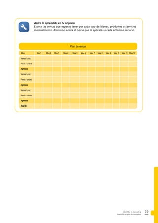 PAG.
33identifica tu mercado y
desarrolla un plan de mercadeo
Aplica lo aprendido en tu negocio
Estima las ventas que esperas tener por cada tipo de bienes, productos o servicios
mensualmente. Asimismo anota el precio que le aplicarás a cada artículo o servicio.
Mes 1 Mes 2 Mes 3 Mes 4 Mes 5 Mes 6 Mes 7 Mes 8 Mes 9 Mes 10 Mes 11 Mes 12
Plan de ventas
Mes
Ventas / unid.
Precio / unidad
Ingresos
Ventas / unid.
Precio / unidad
Ingresos
Ventas / unid.
Precio / unidad
Ingresos
Total S/.
 