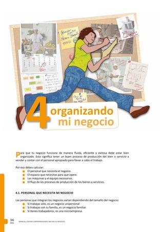 PAG.
36 MANUAL JOVENES EMPRENDEDORES INICIAN SU NEGOCIO
Para que tu negocio funcione de manera fluida, eficiente y exitosa debe estar bien
organizado. Esto significa tener un buen proceso de producción del bien o servicio a
vender y contar con el personal apropiado para llevar a cabo el trabajo.
Por eso debes calcular:
n	El personal que necesita el negocio.
n	El espacio que necesitas para que opere.
n	Las máquinas y el equipo necesarios.
n	El flujo de los procesos de producción de los bienes y servicios.
4.1. Personal que necesita mi negocio
Las personas que integran los negocios varían dependiendo del tamaño del negocio:
n	Si trabajas solo, es un negocio unipersonal
n	Si trabajas con tu familia, es un negocio familiar.
n	Si tienes trabajadores, es una microempresa.
mi negocio
organizando
4
 