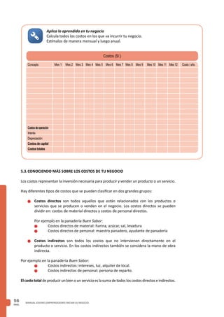 PAG.
56 MANUAL JOVENES EMPRENDEDORES INICIAN SU NEGOCIO
Aplica lo aprendido en tu negocio
Calcula todos los costos en los que va incurrir tu negocio.
Estímalos de manera mensual y luego anual.
Costos (S/.)
Mes 1 Mes 2 Costo / añoConcepto
Costosdeoperación
Interés
Depreciación
Costos de capital
Costos totales
Mes 3 Mes 4 Mes 5 Mes 6 Mes 7 Mes 8 Mes 9 Mes 10 Mes 11 Mes 12
5.3.	CONOCIENDO MÁS SOBRE LOS COSTOS DE TU NEGOCIO
Los costos representan la inversión necesaria para producir y vender un producto o un servicio.
Hay diferentes tipos de costos que se pueden clasificar en dos grandes grupos:
n	Costos directos son todos aquellos que están relacionados con los productos o
servicios que se producen o venden en el negocio. Los costos directos se pueden
dividir en: costos de material directos y costos de personal directos.
	 Por ejemplo en la panadería Buen Sabor:
		 n	 Costos directos de material: harina, azúcar, sal, levadura
		 n	 Costos directos de personal: maestro panadero, ayudante de panadería
n	Costos indirectos son todos los costos que no intervienen directamente en el
producto o servicio. En los costos indirectos también se considera la mano de obra
indirecta.
Por ejemplo en la panadería Buen Sabor:
		 n	 Costos indirectos: intereses, luz, alquiler de local.
		 n	 Costos indirectos de personal: persona de reparto.
El costo totalde producir un bien o un servicio es la suma de todos los costos directos e indirectos.
 