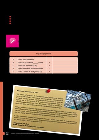 PAG.
62 MANUAL JOVENES EMPRENDEDORES INICIAN SU NEGOCIO
Para financiar el negocio puedes:
n	Utilizar tu propio dinero. A este tipo de financiamiento se le denomina fondos propios.
n	Puedes solicitar un préstamo a amigos y/o familiares.
n	Solicitar el préstamo a una entidad financiera.
n	Donaciones. Podrías presentar tu plan de negocio a un concurso y lograr financiamiento
a través del premio.
Fondos propios: tus ahorros
Para determinar cuánto dinero puedes destinar a tu negocio, primero necesitas hacer un plan
de flujo de caja personal. Aquí incorporarás tus ahorros, si los tuvieras.
Te invitamos hacer tu flujo de caja personal.
Ejercicio
Flujo de caja personal
Dinero actual disponible
Dinero en los próximos______ meses
Dinero total disponible (A+B)
Egreso durante los próximos 5 meses
Dinero a invertir en el negocio (C-D)
A
B
C
D
E
+
=
-
=
Tus recursos personales son una fuente importante para iniciar un emprendimiento. Esto te
permitirá negociar con otras personas o instituciones. Al invertir tus ahorros en el negocio
demuestras que estás comprometido y crees en el éxito futuro de tu empresa.
Ahorrando pude tener mi taller
“Me enteré del programa de Projoven cuando trabajaba en el mercado
de mi localidad. Yo era comerciante. Ahí vi un afiche y entonces decidí
averiguar si había vacantes y qué carreras tenían. Había un curso en
especial que yo quería seguir, el de construcciones metálicas. Para mi
suerte había vacantes en ese curso. Me inscribí y estudié en el Instituto
Pedro Ruiz Gallo, que queda en la avenida Independencia, en Arequipa.
Siempre quise tener mi propio negocio, por eso cuando hacía mis prácticas en una empresa decidí
ahorrar.Cuandotuveunpequeñocapitalloinvertíenmaquinariayherramientas.MimaestroVicente
fueunbuenguía.Siempremeaconsejóenlosmomentosdifíciles.Cuandomeenterédequehabíaun
sitio para alquilar, decidí no perder esa oportunidad. Es ahí donde puse mi taller.
A todos los jóvenes les digo que la vida es una sola y lo más importante de cada persona es
sentirse bien con uno mismo. Por eso deben aprovechar todas las oportunidades. Yo aproveché
una oportunidad y ahora tengo mi taller”.Nelly Quispe (23 años).
			
ECAP: Cecadeshi Pedro Ruiz Gallo - Arequipa
 