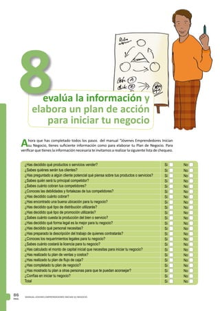 PAG.
86 MANUAL JOVENES EMPRENDEDORES INICIAN SU NEGOCIO
8
¿Has decidido qué productos o servicios vender?
¿Sabes quiénes serán tus clientes?
¿Has preguntado a algún cliente potencial qué piensa sobre tus productos o servicios?
¿Sabes quién será tu principal competidor?
¿Sabes cuánto cobran tus competidores?
¿Conoces las debilidades y fortalezas de tus competidores?
¿Has decidido cuánto cobrar?
¿Has encontrado una buena ubicación para tu negocio?
¿Has decidido qué tipo de distribución utilizarás?
¿Has decidido qué tipo de promoción utilizarás?
¿Sabes cuánto cuesta la producción del bien o servicio?
¿Has decidido qué forma legal es la mejor para tu negocio?
¿Has decidido qué personal necesitas?
¿Has preparado la descripción del trabajo de quienes contratarás?
¿Conoces los requerimientos legales para tu negocio?
¿Sabes cuánto costará la licencia para tu negocio?
¿Has calculado el monto de capital inicial que necesitas para iniciar tu negocio?
¿Has realizado tu plan de ventas y costos?
¿Has realizado tu plan de flujo de caja?
¿Has completado tu plan de negocio?
¿Has mostrado tu plan a otras personas para que te puedan aconsejar?
¿Confías en iniciar tu negocio?
Total
Si No
Si No
Si No
Si No
Si No
Si No
Si No
Si No
Si No
Si No
Si No
Si No
Si No
Si No
Si No
Si No
Si No
Si No
Si No
Si No
Si No
Si No
Si No
evalúa la información y
elabora un plan de acción
para iniciar tu negocio
Ahora que has completado todos los pasos del manual “Jóvenes Emprendedores Inician
su Negocio, tienes suficiente información como para elaborar tu Plan de Negocio. Para
verificar que tienes la información necesaria te invitamos a realizar la siguiente lista de chequeo.
 
