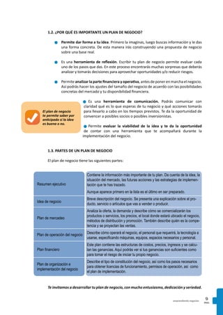 PAG.
9emprendiendo negocios
1.2. ¿POR QUÉ ES IMPORTANTE UN PLAN DE NEGOCIO?
n	Permite dar forma a tu idea. Primero la imaginas, luego buscas información y le das
una forma concreta. De esta manera irás construyendo una propuesta de negocio
sobre una base real.
n	Es una herramienta de reflexión. Escribir tu plan de negocio permite evaluar cada
uno de los pasos que das. En este proceso encontrarás muchas sorpresas que deberás
analizar y tomarás decisiones para aprovechar oportunidades y/o reducir riesgos.
n	Permite analizar la parte financiera y operativa, antes de poner en marcha el negocio.
Así podrás hacer los ajustes del tamaño del negocio de acuerdo con las posibilidades
concretas del mercado y tu disponibilidad financiera.
n	Es una herramienta de comunicación. Podrás comunicar con
claridad qué es lo que esperas de tu negocio y qué acciones tomarás
para llevarlo a cabo en los tiempos previstos. Te da la oportunidad de
convencer a posibles socios o posibles inversionistas.
n	Permite evaluar la viabilidad de la idea y te da la oportunidad
de contar con una herramienta que te acompañará durante la
implementación del negocio.
1.3. PARTES DE UN PLAN DE NEGOCIO
El plan de negocio tiene las siguientes partes:
El plan de negocio
te permite saber por
anticipado si la idea
es buena o no.
Te invitamos a desarrollar tu plan de negocio, con mucho entusiasmo, dedicación y seriedad.
Contiene la información más importante de tu plan. Da cuenta de la idea, la
situación del mercado, las futuras acciones y las estrategias de implemen-
tación que te has trazado.
Aunque aparece primero en la lista es el último en ser preparado.
Breve descripción del negocio. Se presenta una explicación sobre el pro-
ducto, servicio o artículos que vas a vender o producir.
Analiza la oferta, la demanda y describe cómo se comercializarán los
productos o servicios, los precios, el local donde estará ubicado el negocio,
métodos de distribución y promoción. También describe quién es la compe-
tencia y se proyectan las ventas.
Describe cómo operará el negocio, el personal que requerirá, la tecnología a
usarse, especificando máquinas, equipos, espacios necesarios y personal.
Este plan contiene las estructuras de costos, precios, ingresos y se calcu-
lan las ganancias. Aquí podrás ver si tus ganancias son suficientes como
para tomar el riesgo de iniciar tu propio negocio.
Describe el tipo de constitución del negocio, así como los pasos necesarios
para obtener licencias de funcionamiento, permisos de operación, así como
el plan de implementación.
Resumen ejecutivo
Idea de negocio
Plan de mercadeo
Plan de operación del negocio
Plan de organización e
implementación del negocio
Plan financiero
 