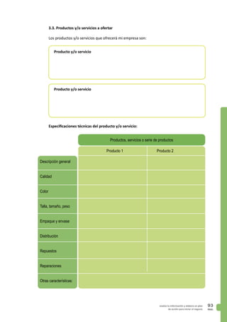 PAG.
93evalúa tu información y elabora un plan
de acción para iniciar el negocio
3.3. Productos y/o servicios a ofertar
Los productos y/o servicios que ofrecerá mi empresa son:
Producto y/o servicio
Producto y/o servicio
Especificaciones técnicas del producto y/o servicio:
Producto 1 Producto 2
Productos, servicios o serie de productos
Descripción general
Calidad
Color
Talla, tamaño, peso
Empaque y envase
Distribución
Repuestos
Reparaciones
Otras características:
 
