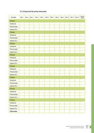 PAG.
97evalúa tu información y elabora un plan
de acción para iniciar el negocio
3.7. Proyección de ventas mensuales
Concepto Mes 1 Mes 2 Mes 3 Mes 4 Mes 5 Mes 6 Mes 7 Mes 8 Mes 9 Mes 10 Mes 11 Mes 12
Producto
Ventas/und
Precio/unidad
Ingresos (S/.)
Producto
Ventas/und
Precio/unidad
Ingresos (S/.)
Producto
Ventas/und
Precio/unidad
Ingresos (S/.)
Producto
Ventas/und
Precio/unidad
Ingresos (S/.)
Producto
Ventas/und
Precio/unidad
Ingresos (S/.)
Producto
Ventas/und
Precio/unidad
Ingresos (S/.)
Producto
Ventas/und
Precio/unidad
Ingresos (S/.)
Producto
Ventas/und
Precio/unidad
Ingresos (S/.)
Total ventas
Total de
ventas
 