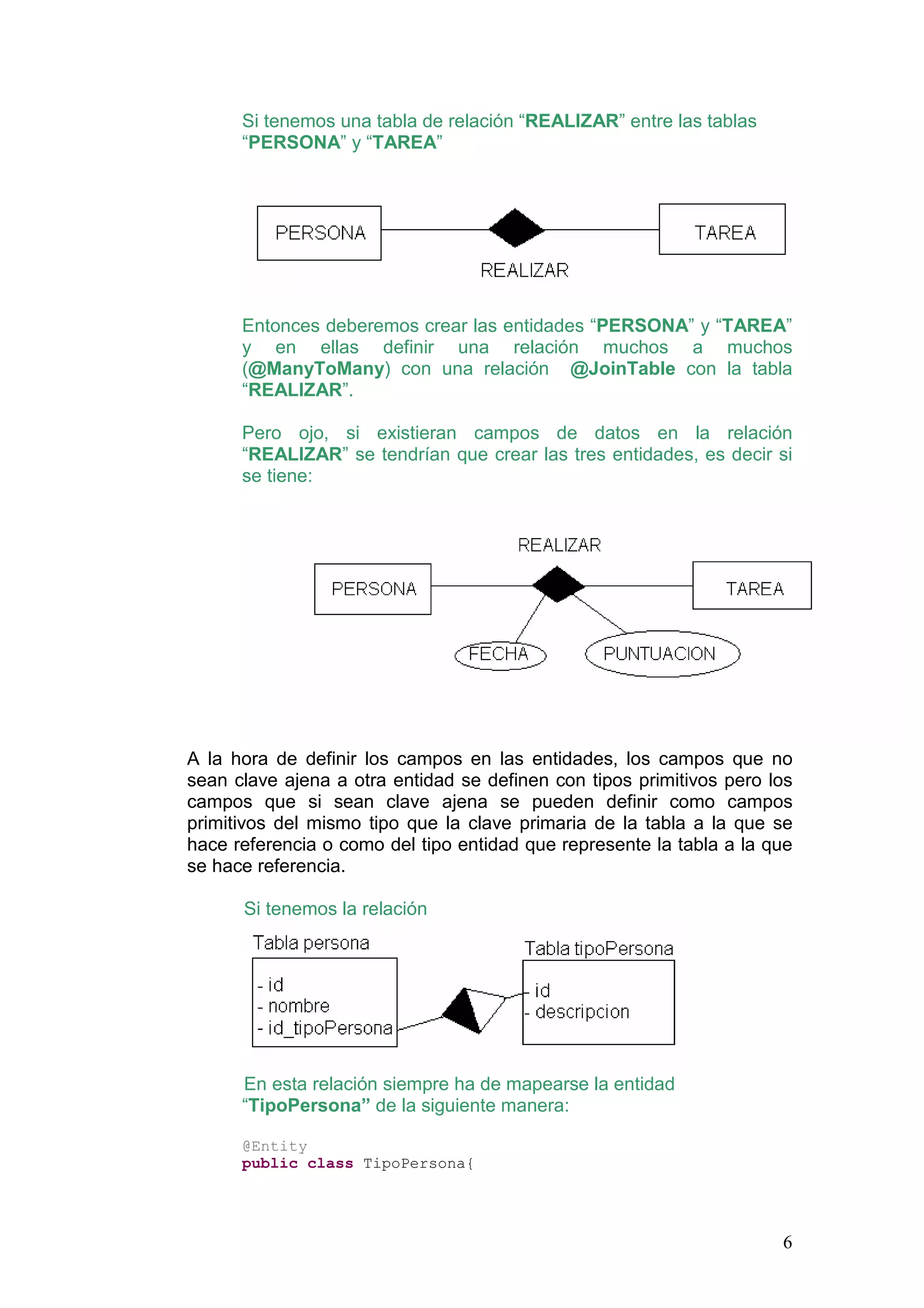 6
Si tenemos una tabla de relación “REALIZAR” entre las tablas
“PERSONA” y “TAREA”
Entonces deberemos crear las entidades “PERSONA” y “TAREA”
y en ellas definir una relación muchos a muchos
(@ManyToMany) con una relación @JoinTable con la tabla
“REALIZAR”.
Pero ojo, si existieran campos de datos en la relación
“REALIZAR” se tendrían que crear las tres entidades, es decir si
se tiene:
A la hora de definir los campos en las entidades, los campos que no
sean clave ajena a otra entidad se definen con tipos primitivos pero los
campos que si sean clave ajena se pueden definir como campos
primitivos del mismo tipo que la clave primaria de la tabla a la que se
hace referencia o como del tipo entidad que represente la tabla a la que
se hace referencia.
Si tenemos la relación
En esta relación siempre ha de mapearse la entidad
“TipoPersona” de la siguiente manera:
@Entity
public class TipoPersona{
 