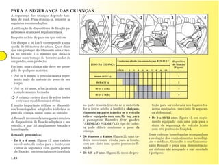 PARA A SEGURANÇA DAS CRIANÇAS
A segurança das crianças depende tam-
bém de você. Para otimizá-la, respeite as                          1                          2                             3                    4
seguintes recomendações:
A utilização de dispositivos de fixação pa-
ra bebés e crianças é regulamentada.
Respeite as leis do país em que estiver.
Um choque a 50 km/h corresponde a uma
queda de 10 metros de altura. Quer dizer
que não proteger devidamente uma crian-
ça no veículo é o mesmo que deixá-la
brincar num terraço do terceiro andar de
um prédio, sem proteção.                                                 Conforme edade: recomendações RENAULT              dispositivo
                                                     PESO DA CRIANÇA                                                        de fixação
Por isso, uma criança não deve ser prote-                                                                                    (Figura)
gida de qualquer maneira:                                                AÑOS 1   2   3   4       5   6    7   8   9   10

- Até os 6 meses, o peso da cabeça repre-               menos de 18 kg                                                           1
  senta mais da metade do peso de seu
  corpo.                                                 de 8 a 18 kg                                                            2

- Até os 10 anos, a bacia ainda não está                 de 15 a 23 kg                                                           3
  completamente formada.
                                                         de 15 a 36 kg                                                           4
➩ A criança corre o risco de sofrer lesões
   cervicais ou abdominais sérias.
É muito importante utilizar os dispositi-       na parte traseira (exceto se o motorista                    teção para ser colocada nos lugares tra-
vos homologados, adaptados à idade e ao         for o único adulto a bordo) e obrigato-                     seiros equipados com cinto de seguran-
peso da criança, assim como ao veículo.         riamente na parte traseira se o veículo                     ça abdominal.
                                                estiver equipado com um Air bag para
A Renault recomenda uma gama completa                                                                     • De 3 a 10/12 anos (figura 4), um suple-
                                                o passageiro dianteiro (ver quadro
de dispositivos de fixação adaptada a seu                                                                   mento equipado com uma guia para o
                                                "ATENÇÃO PERIGO"). O tipo de cadei-
veículo, e que foi amplamente testada e                                                                     cinto de segurança do veículo (cinto
                                                ra pode diferir conforme o peso da
homologada.                                                                                                 com três pontos de fixação).
                                                criança.
Renault preconiza:                                                                                        Essas cadeiras homologadas acompanham
                                              • De 9 meses a 4 anos (figura 2), uma ca-
                                                                                                          a evolução dos conhecimentos tecnológi-
• De 0 a 4 anos, (figura 1), uma cadeira        deira envolvente virada para a frente,
                                                                                                          cos e médicos. Consulte o seu Concessio-
  envolvente, de costas para a frente, com      com um cinto com quatro pontos de fi-
                                                                                                          nário Renault e peça uma demonstração:
  cintos de segurança com quatro pontos         xação.
                                                                                                          um sistema não adequado e mal montado
  de fixação, preferencialmente instalada     • De 3,5 a 7 anos (figura 3), mesa de pro-                  é perigoso.
1.16
 