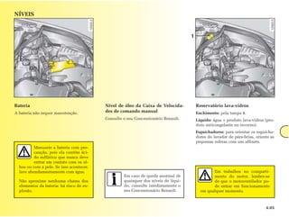 NÍVEIS


                                                                                    1




Bateria                                   Nível de óleo da Caixa de Velocida-           Reservatório lava-vidros
A bateria não requer manutenção.          des de comando manual                         Enchimento: pela tampa 1.
                                          Consulte o seu Concessionário Renault.        Líquido: água + produto lava-vidros (pro-
                                                                                        duto anticongelante no inverno).
                                                                                        Esguichadores: para orientar os esguicha-
                                                                                        dores do lavador de pára-brisa, oriente as
                                                                                        pequenas esferas com um alfinete.
          Manuseie a bateria com pre-
          caução, pois ela contém áci-
          do sulfúrico que nunca deve
          entrar em contato com os ol-
  hos ou com a pele. Se isso acontecer,
  lave abundamentemente com água.                                                               Em trabalhos no comparti-
                                                   Em caso de queda anormal de                  mento do motor, lembre-se
  Não aproxime nenhuma chama dos                   quaisquer dos níveis de líqui-               de que o motoventilador po-
  elementos da bateria: há risco de ex-            do, consulte imediatamente o                 de entrar em funcionamento
  plosão.                                          seu Concessionário Renault.            em qualquer momento.



                                                                                                                             4.05
 