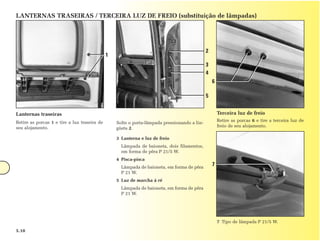 LANTERNAS TRASEIRAS / TERCEIRA LUZ DE FREIO (substituição de lâmpadas)




                                                                                              2
                                              1
                                                                                              3
                                                                                              4
                                                                                                  6

                                                                                              5


Lanternas traseiras                                                                                   Terceira luz de freio
Retire as porcas 1 e tire a luz traseira de                                                           Retire as porcas 6 e tire a terceira luz de
                                                  Solte o porta-lâmpada pressionando a lin-
seu alojamento.                                                                                       freio de seu alojamento.
                                                  güeta 2.

                                                  3 Lanterna e luz de freio
                                                    Lâmpada de baioneta, dois filamentos,
                                                    em forma de pêra P 21/5 W.
                                                  4 Pisca-pisca
                                                    Lâmpada de baioneta, em forma de pêra
                                                                                                  7
                                                    P 21 W.
                                                  5 Luz de marcha à ré
                                                    Lâmpada de baioneta, em forma de pêra
                                                    P 21 W.




                                                                                                      7 Tipo de lâmpada P 21/5 W.
5.10
 