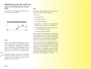 IDENTIFICAÇÃO DO VEÍCULO
Número de Identificação do veículo
(VIN)                                          VIS
Seu veículo é identificado segundo as nor-     O número VIS é formado pelos últimos 8
mas internacionais ISO.                        dígitos do número VIN e aparece:
                                               - Gravado :
                                                 • no pára-brisa.
                                                 • no vidro traseiro.
                                                 • nos vidros laterais.
       8A1KC0025XL000001
                                               - Impresso em etiquetas auto-adesivas
                             VIS                 (destrutíveis em caso de remoção) no:
                                                 • Compartimento do motor sobre a to-
                   VIN                             rre de suspensão direita.
                                                 • Coluna dianteira direita.
                                               Esse sistema de identificação é destinado
                                               a dar segurança em caso de um provável
                                               roubo de seu veículo, e qualquer anomalia
                                               encontrada pela autoridade competente
VIN                                            pode ocasionar sérios inconvenientes.

É uma combinação alfanumérica compos-          A todo momento, essas identificações de-
ta de 17 caracteres, que identifica seu veí-   vem estar nas condições de fábrica. Se de-
culo fornecendo informação codificada          vido a reparações quaisquer delas fossem
sobre o fabricante, peculiaridades do mo-      alteradas, as regravações ou eventuais
delo etc, como também, um número que o         substituições de etiquetas somente serão
diferencia de outro veículo de igual mode-     processadas por estabelecimentos creden-
lo.                                            ciados pelo DENATRAN, mediante a com-
                                               provação de propriedad do veículo.
É gravado debaixo do tapete, no assoalho
dianteiro do lado direito, entre o banco e
o quadro da porta. Para ter acesso a ele, o
tapete possui um recorte.




6.02
 