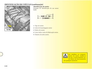IDENTIFICAÇÃO DO VEÍCULO (continuação)
                            Identificação do motor
                            Exemplo de identificação de um motor
                            K4M.


                                                           2
                                  1     K4M H 730          3
                                  4      D 000001          5



                            1 Tipo do motor
                            2 Letra de homologação motor
  1.6 16v                   3 Índice do motor.
                            4 Letra índice usina de fabricação motor.
                            5 Número de série motor.




                                                                               Em trabalhos no comparti-
                                                                               mento do motor, lembre-se
                                                                               de que o motoventilador po-
                                                                               de entrar em funcionamento
                                                                        em qualquer momento.



6.04
 
