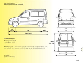 DIMENSÕES (em metros)




                                                                                                  1,400
            0,692
          0,679 (2)                       2,600                        0,703                      1,672

                                      3,995/3,982 (2)



Diâmetro de giro
• entre paredes: 10,90
• entre guias: 10,50                                                                 1,860 (1)
                                                                                  1,839 (1) (2)

Atenção: quando o veículo está equipado com barras de teto longitudinais, a al-
tura indicada deve aumentar em 0,043. Estas barras não são desmontáveis.


                                                                                                  1,415
                                                                                                  2,030
(1) Vazio.
(2) Versão Sportway

                                                                                                          6.05
 