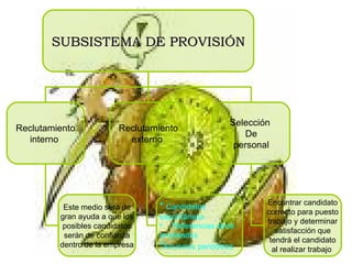 SUBSISTEMA DE PROVISIÓN Reclutamiento interno   Reclutamiento externo   Selección  De personal Este medio será de gran ayuda a que los posibles candidatos serán de confianza dentro  de la empresa *  Candidatos espontáneos Referencias otros  empleados * Anuncios periódicos   Encontrar candidato correcto para puesto trabajo y determinar satisfacción que tendrá el candidato al realizar trabajo   