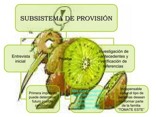 SUBSISTEMA DE PROVISIÓN Entrevista inicial   Prueba Investigación de antecedentes y verificación de referencias   Primera impresión puede determinar  futuro posible  candidato   Más dura y exigente serán las ganas de superación y crecimiento que este desee tener   Indispensable  saber el tipo de personas desean conformar parte  de la familia  “ TOMATE ESTE”   