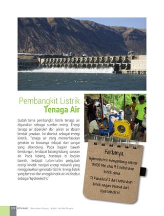 Sudah lama pembangkit listrik tenaga air
digunakan sebagai sumber energi. Energi
tenaga air diperoleh dari aliran air dalam
bentuk gerakan. Ini disebut sebagai energi
kinetik. Tenaga air yang memanfaatkan
gerakan air biasanya didapat dari sungai
yang dibendung. Pada bagian bawah
bendungan, terdapat lubang-lubang saluran
air. Pada lubang, biasanya di bagian
bawah, terdapat turbin-turbin pengubah
energi kinetik menjadi energi mekanik yang
menggerakkan generator listrik. Energi listrik
yang berasal dari energi kinetik air ini disebut
sebagai ‘Hydroelectric’.
Pembangkit Listrik
Tenaga Air
Faktanya,
Hydroelectric menyumbang sekitar715.000 MW atau 19 % kebutuhan
listrik dunia.
Di Kanada 61 % dari kebutuhanlistrik negara berasal dari
Hydroelectric!
120 KOTA HIJAU - Menyatukan Harapan, Langkah, dan Aksi Bersama
 