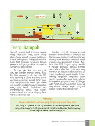 Sampah memang tidak termasuk kategori
energi terbarukan. Tetapi, dalam konsep
Green Energy, sampah termasuk didalamnya
karena punya potensi menggantikan bahan
bakar fosil sekaligus mengatasi dampak
pencemaran lingkungan akibat penumpukan
sampah dan polusi karbon.
	 Teorinya, jika kita bisa mengolah
satu ton sampah menjadi energi, maka
kita bisa mengurangi satu ton emisi CO2
yang terbuang di udara. Pasalnya, proses
pembakaran sampah menjadi bahan bakar
akan menghancurkan semua gas karbon
dan nitrogen oksida sehingga menghasilkan
energi yang bersih. Pembakaran juga
menghancurkan semua virus, bakteri,
makanan busuk, dan zat-zat lain yang dapat
merusak kesehatan kita.
Faktanya,
sampah adalah bahan campuran yang mengandung banyak bahan bakar.
Dari setiap 50 kg sampah, 80 % (40 kg) di antaranya bisa diolah menjadi bahan bakar untuk
menghasilkan tenaga listrik. Pengolahan sampah menjadi bahan bakar juga dapat mengurangi
volume tumpukan sampah sekitar 80 % hingga 90%!
Energi Sampah
1
2 3
5
6
7
8
9
1110
4
PROSES PRODUKSI ENERGI DARI SAMPAH
GAMBAR 38.
	 Instalasi pengolah sampah menjadi
energibisamenghasilkan525kWHlistrikdari
1 ton sampah. Jumlah energi listrik sebanyak
ini cukup untuk memenuhi kebutuhan energi
sebuah gedung perkantoran selama 1 hari.
Pada tahun 2008, Singapura yang memiliki
4 instalasi pembakar sampah berhasil
memproduksi lebih dari 1 juta Mwh, yang
memenuhi 3% kebutuhan listrik nasional. Di
negara maju lainnya seperti Amerika Serikat,
teknologi pengolahan sampahnya sudah
mampu menghasilkan daya listrik sebesar
5MWh per hari, yang menerangi 5.500 hingga
6.200 rumah. Bagaimana dengan Indonesia
yang dikenal sebagai negara penghasil
sampah yang luarbiasa banyaknya?
125KOTA HIJAU - Menyatukan Harapan, Langkah, dan Aksi Bersama
 