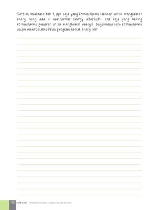 Setelah membaca bab 7, apa saja yang komunitasmu lakukan untuk menghemat
energi yang ada di sekitarmu? Energy alternatif apa saja yang sering
komunitasmu gunakan untuk menghemat energi? Bagaimana cara komunitasmu
dalam mensosialisasikan program hemat energi ini?
130 KOTA HIJAU - Menyatukan Harapan, Langkah, dan Aksi Bersama
 