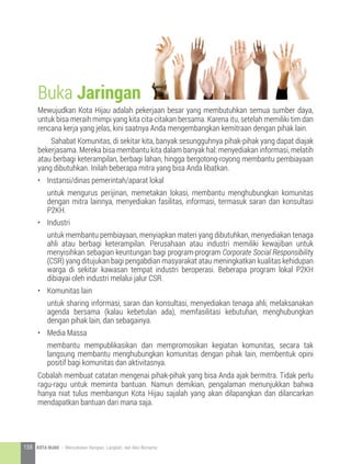 Buka Jaringan
Mewujudkan Kota Hijau adalah pekerjaan besar yang membutuhkan semua sumber daya,
untuk bisa meraih mimpi yang kita cita-citakan bersama. Karena itu, setelah memiliki tim dan
rencana kerja yang jelas, kini saatnya Anda mengembangkan kemitraan dengan pihak lain.
	 Sahabat Komunitas, di sekitar kita, banyak sesungguhnya pihak-pihak yang dapat diajak
bekerjasama. Mereka bisa membantu kita dalam banyak hal: menyediakan informasi, melatih
atau berbagi keterampilan, berbagi lahan, hingga bergotong-royong membantu pembiayaan
yang dibutuhkan. Inilah beberapa mitra yang bisa Anda libatkan.
•	 Instansi/dinas pemerintah/aparat lokal
	 untuk mengurus perijinan, memetakan lokasi, membantu menghubungkan komunitas
dengan mitra lainnya, menyediakan fasilitas, informasi, termasuk saran dan konsultasi
P2KH.
•	 Industri
	 untuk membantu pembiayaan, menyiapkan materi yang dibutuhkan, menyediakan tenaga
ahli atau berbagi keterampilan. Perusahaan atau industri memiliki kewajiban untuk
menyisihkan sebagian keuntungan bagi program-program Corporate Social Responsibility
(CSR) yang ditujukan bagi pengabdian masyarakat atau meningkatkan kualitas kehidupan
warga di sekitar kawasan tempat industri beroperasi. Beberapa program lokal P2KH
dibiayai oleh industri melalui jalur CSR.
•	 Komunitas lain
	 untuk sharing informasi, saran dan konsultasi, menyediakan tenaga ahli, melaksanakan
agenda bersama (kalau kebetulan ada), memfasilitasi kebutuhan, menghubungkan
dengan pihak lain, dan sebagainya.
•	 Media Massa
	 membantu mempublikasikan dan mempromosikan kegiatan komunitas, secara tak
langsung membantu menghubungkan komunitas dengan pihak lain, membentuk opini
positif bagi komunitas dan aktivitasnya.
Cobalah membuat catatan mengenai pihak-pihak yang bisa Anda ajak bermitra. Tidak perlu
ragu-ragu untuk meminta bantuan. Namun demikian, pengalaman menunjukkan bahwa
hanya niat tulus membangun Kota Hijau sajalah yang akan dilapangkan dan dilancarkan
mendapatkan bantuan dari mana saja.
158 KOTA HIJAU - Menyatukan Harapan, Langkah, dan Aksi Bersama
 