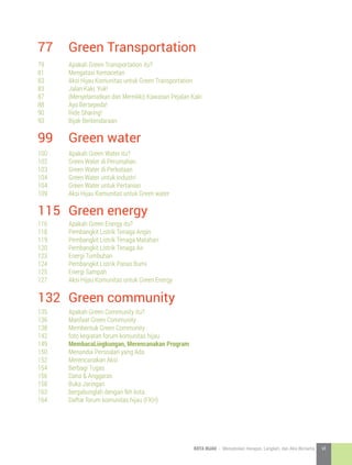 Green Transportation77
Green water99
Green energy115
Green community132
Apakah Green Transportation itu?
Mengatasi Kemacetan
Aksi Hijau Komunitas untuk Green Transportation
Jalan Kaki, Yuk!
(Menyelamatkan dan Memiliki) Kawasan Pejalan Kaki
Ayo Bersepeda!
Ride Sharing!
Bijak Berkendaraan
79
81
83
83
87
88
90
93
Apakah Green Water itu?
Green Water di Perumahan
Green Water di Perkotaan
Green Water untuk Industri
Green Water untuk Pertanian
Aksi Hijau Komunitas untuk Green water
100
102
103
104
104
109
Apakah Green Energy itu?
Pembangkit Listrik Tenaga Angin
Pembangkit Listrik Tenaga Matahari
Pembangkit Listrik Tenaga Air
Energi Tumbuhan
Pembangkit Listrik Panas Bumi
Energi Sampah
Aksi Hijau Komunitas untuk Green Energy
116
118
119
120
123
124
125
127
Apakah Green Community itu?
Manfaat Green Community
Membentuk Green Community
foto kegiatan forum komunitas hijau
MembacaLingkungan, Merencanakan Program
Menandai Persoalan yang Ada
Merencanakan Aksi
Berbagi Tugas
Dana  Anggaran
Buka Jaringan
bergabunglah dengan fkh kota
Daftar forum komunitas hijau (FKH)
135
136
138
142
149
150
152
154
156
158
163
164
7KOTA HIJAU - Menyatukan Harapan, Langkah, dan Aksi Bersama vi
 