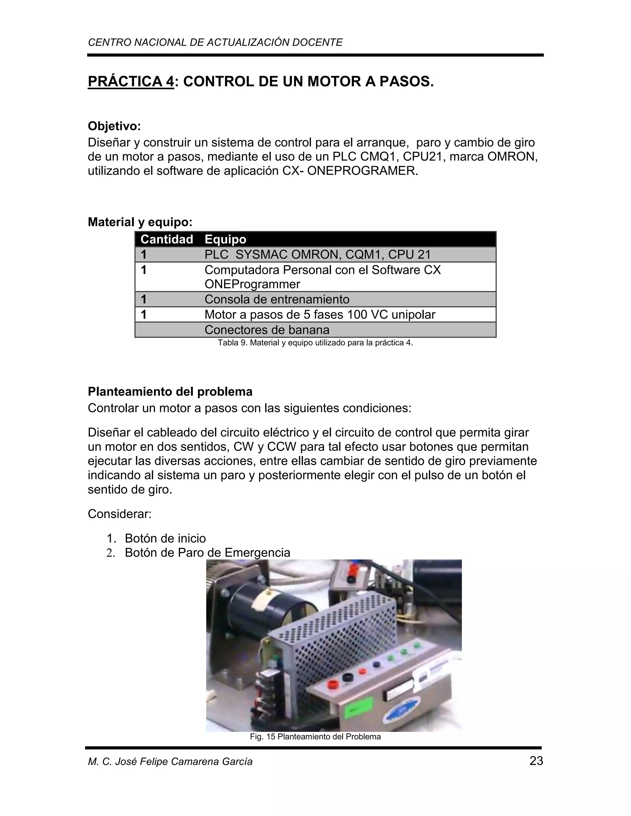 CENTRO NACIONAL DE ACTUALIZACIÓN DOCENTE

PRÁCTICA 4: CONTROL DE UN MOTOR A PASOS.
Objetivo:
Diseñar y construir un sistema de control para el arranque, paro y cambio de giro
de un motor a pasos, mediante el uso de un PLC CMQ1, CPU21, marca OMRON,
utilizando el software de aplicación CX- ONEPROGRAMER.

Material y equipo:
Cantidad Equipo
1
PLC SYSMAC OMRON, CQM1, CPU 21
1
Computadora Personal con el Software CX
ONEProgrammer
1
Consola de entrenamiento
1
Motor a pasos de 5 fases 100 VC unipolar
Conectores de banana
Tabla 9. Material y equipo utilizado para la práctica 4.

Planteamiento del problema
Controlar un motor a pasos con las siguientes condiciones:
Diseñar el cableado del circuito eléctrico y el circuito de control que permita girar
un motor en dos sentidos, CW y CCW para tal efecto usar botones que permitan
ejecutar las diversas acciones, entre ellas cambiar de sentido de giro previamente
indicando al sistema un paro y posteriormente elegir con el pulso de un botón el
sentido de giro.
Considerar:
1. Botón de inicio
2. Botón de Paro de Emergencia

Fig. 15 Planteamiento del Problema

M. C. José Felipe Camarena García

23

 