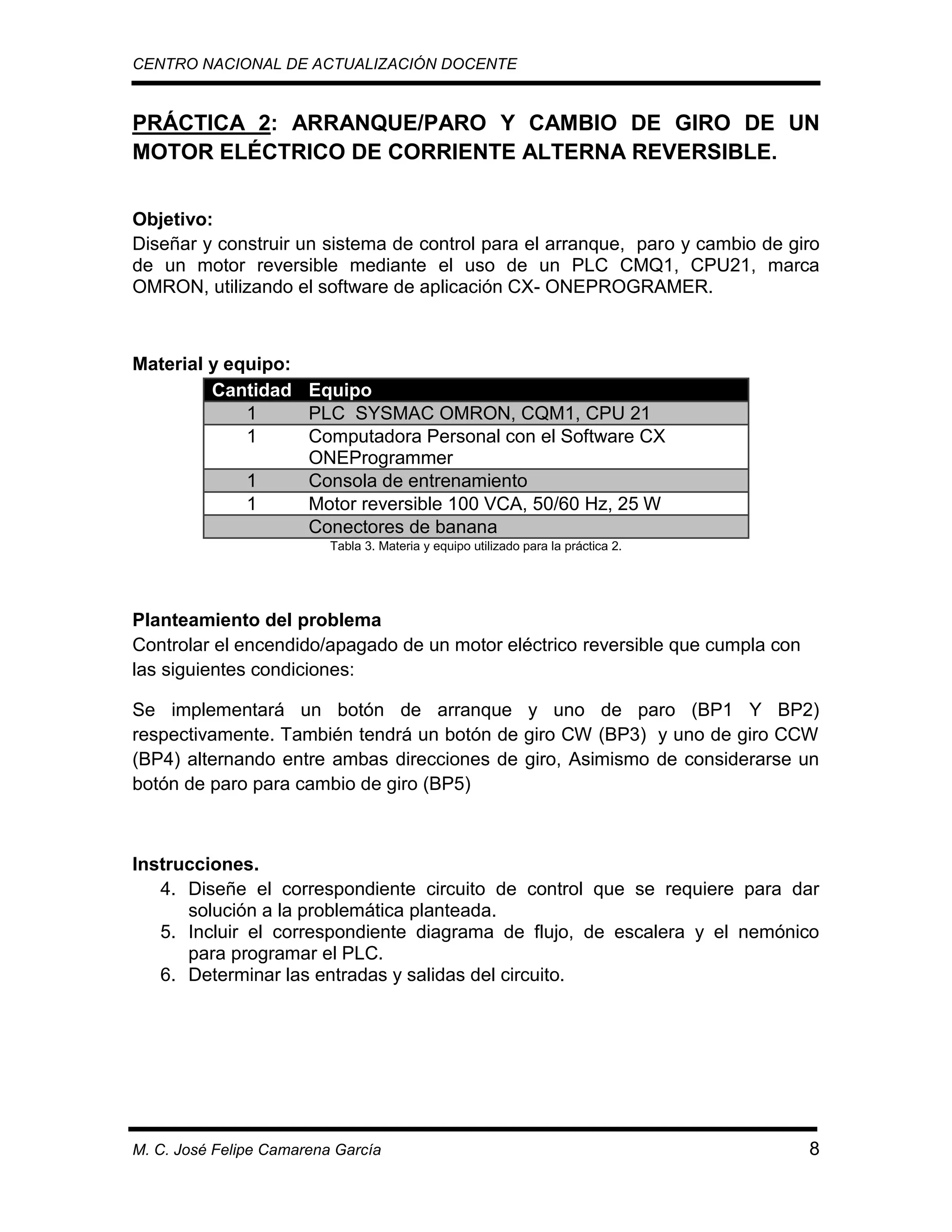CENTRO NACIONAL DE ACTUALIZACIÓN DOCENTE

PRÁCTICA 2: ARRANQUE/PARO Y CAMBIO DE GIRO DE UN
MOTOR ELÉCTRICO DE CORRIENTE ALTERNA REVERSIBLE.
Objetivo:
Diseñar y construir un sistema de control para el arranque, paro y cambio de giro
de un motor reversible mediante el uso de un PLC CMQ1, CPU21, marca
OMRON, utilizando el software de aplicación CX- ONEPROGRAMER.

Material y equipo:
Cantidad Equipo
1
PLC SYSMAC OMRON, CQM1, CPU 21
1
Computadora Personal con el Software CX
ONEProgrammer
1
Consola de entrenamiento
1
Motor reversible 100 VCA, 50/60 Hz, 25 W
Conectores de banana
Tabla 3. Materia y equipo utilizado para la práctica 2.

Planteamiento del problema
Controlar el encendido/apagado de un motor eléctrico reversible que cumpla con
las siguientes condiciones:
Se implementará un botón de arranque y uno de paro (BP1 Y BP2)
respectivamente. También tendrá un botón de giro CW (BP3) y uno de giro CCW
(BP4) alternando entre ambas direcciones de giro, Asimismo de considerarse un
botón de paro para cambio de giro (BP5)

Instrucciones.
4. Diseñe el correspondiente circuito de control que se requiere para dar
solución a la problemática planteada.
5. Incluir el correspondiente diagrama de flujo, de escalera y el nemónico
para programar el PLC.
6. Determinar las entradas y salidas del circuito.

M. C. José Felipe Camarena García

8

 