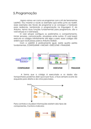 5. Programação
Agora vamos ver como se programar com o kit de ferramentas
LabINO. Vou mostrar a vocês os exemplos que estão junto ao toolkit,
esses exemplos são fáceis de programar e se conseguir o hardware
para realiza-los. Lembrando a programação na linguagem C do
Arduino, temos duas funções fundamentais para programa-lo, são o
void setup() e o void loop().
O void setup() configura os parâmetros e comportamento,
iniciar sensores, comunicação, atuadores entre outros. O void loop()
executa os códigos infinitamente até algo o pare, esses códigos são
ordens que você passou para o Arduino realizar.
Com o LabINO é praticamente igual, existe quatro partes
fundamentais, CONFIGURAR > INICIAR > EXECUTAR > FINALIZAR.

CONFIGURAR

INICIAR

EXECUTAR

FINALIZAR

A forma que o código é executado e os dados são
transportados podemos dizer que é por fluxo, o fluxo sempre ocorre da
esquerda para direita e de cima para baixo.
Inicio	
  

Para controla e visualizar informações existem dois tipos de
componentes, Control e Indicator.

 