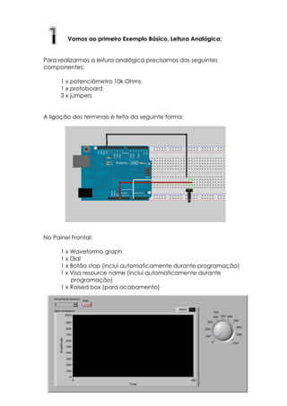 Vamos ao primeiro Exemplo Básico, Leitura Analógica:
Para realizarmos a leitura analógica precisamos dos seguintes
componentes:
1 x potenciômetro 10k Ohms
1 x protoboard
3 x jumpers
A ligação dos terminais é feita da seguinte forma:

No Painel Frontal:
1 x Waveforma graph
1 x Dial
1 x Botão stop (inclui automaticamente durante programação)
1 x Visa resource name (inclui automaticamente durante
programação)
1 x Raised box (para acabamento)

 