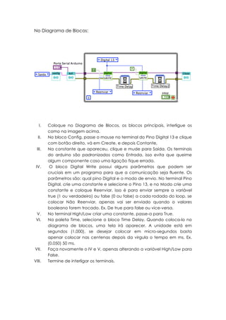No Diagrama de Blocos:

I.
II.
III.

IV.

V.
VI.

VII.
VIII.

Coloque no Diagrama de Blocos, os blocos principais, interligue os
como na imagem acima.
No bloco Config, passe o mouse no terminal do Pino Digital 13 e clique
com botão direito, vá em Create, e depois Contante,
Na constante que apareceu, clique e mude para Saída. Os terminais
do arduino são padronizados como Entrada, isso evita que queime
algum componente caso uma ligação fique errada.
O bloco Digital Write possui alguns parâmetros que podem ser
cruciais em um programa para que a comunicação seja fluente. Os
parâmetros são: qual pino Digital e o modo de envio. No terminal Pino
Digital, crie uma constante e selecione o Pino 13, e no Modo crie uma
constante e coloque Reenviar, isso é para enviar sempre a variável
true (1 ou verdadeiro) ou false (0 ou false) a cada rodada do loop, se
colocar Não Reenviar, apenas vai ser enviado quando o valores
booleano forem trocado. Ex. De true para false ou vice-versa.
No terminal High/Low criar uma constante, passe-a para True.
Na paleta Time, selecione o bloco Time Delay. Quando coloca-lo no
diagrama de blocos, uma tela irá aparecer. A unidade está em
segundos (1,000), se desejar colocar em micro-segundos basta
apenar colocar nas centenas depois da virgula o tempo em ms. Ex.
(0,050) 50 ms.
Faça novamente o IV e V, apenas alterando a variável High/Low para
False.
Termine de interligar os terminais.

 
