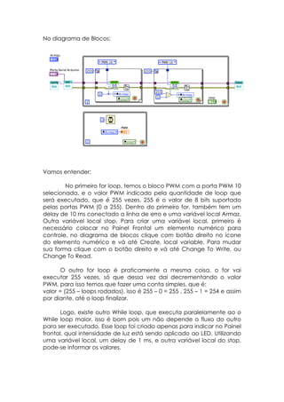 No diagrama de Blocos:

Vamos entender:
No primeiro for loop, temos o bloco PWM com a porta PWM 10
selecionada, e o valor PWM indicado pela quantidade de loop que
será executado, que é 255 vezes. 255 é o valor de 8 bits suportado
pelas portas PWM (0 a 255). Dentro do primeiro for, também tem um
delay de 10 ms conectado a linha de erro e uma variável local Armaz.
Outra variável local stop. Para criar uma variável local, primeiro é
necessário colocar no Painel Frontal um elemento numérico para
controle, no diagrama de blocos clique com botão direito no ícone
do elemento numérico e vá até Create, local variable. Para mudar
sua forma clique com o botão direito e vá até Change To Write, ou
Change To Read.
O outro for loop é praticamente a mesma coisa, o for vai
executar 255 vezes, só que dessa vez dai decrementando o valor
PWM, para isso temos que fazer uma conta simples, que é:
valor = (255 – loops rodados), isso é 255 – 0 = 255 , 255 – 1 = 254 e assim
por diante, até o loop finalizar.
Logo, existe outro While loop, que executa paralelamente ao o
While loop maior, isso é bom pois um não depende o fluxo do outro
para ser executado. Esse loop foi criado apenas para indicar no Painel
frontal, qual intensidade de luz está sendo aplicado ao LED. Utilizando
uma variável local, um delay de 1 ms, e outra variável local do stop,
pode-se informar os valores.

 