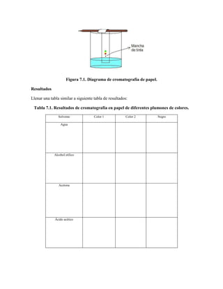 Figura 7.1. Diagrama de cromatografía de papel.

Resultados

Llenar una tabla similar a siguiente tabla de resultados:

 Tabla 7.1. Resultados de cromatografía en papel de diferentes plumones de colores.
                Solvente             Color 1           Color 2         Negro

                 Agua




             Alcohol etílico




                Acetona




              Ácido acético
 