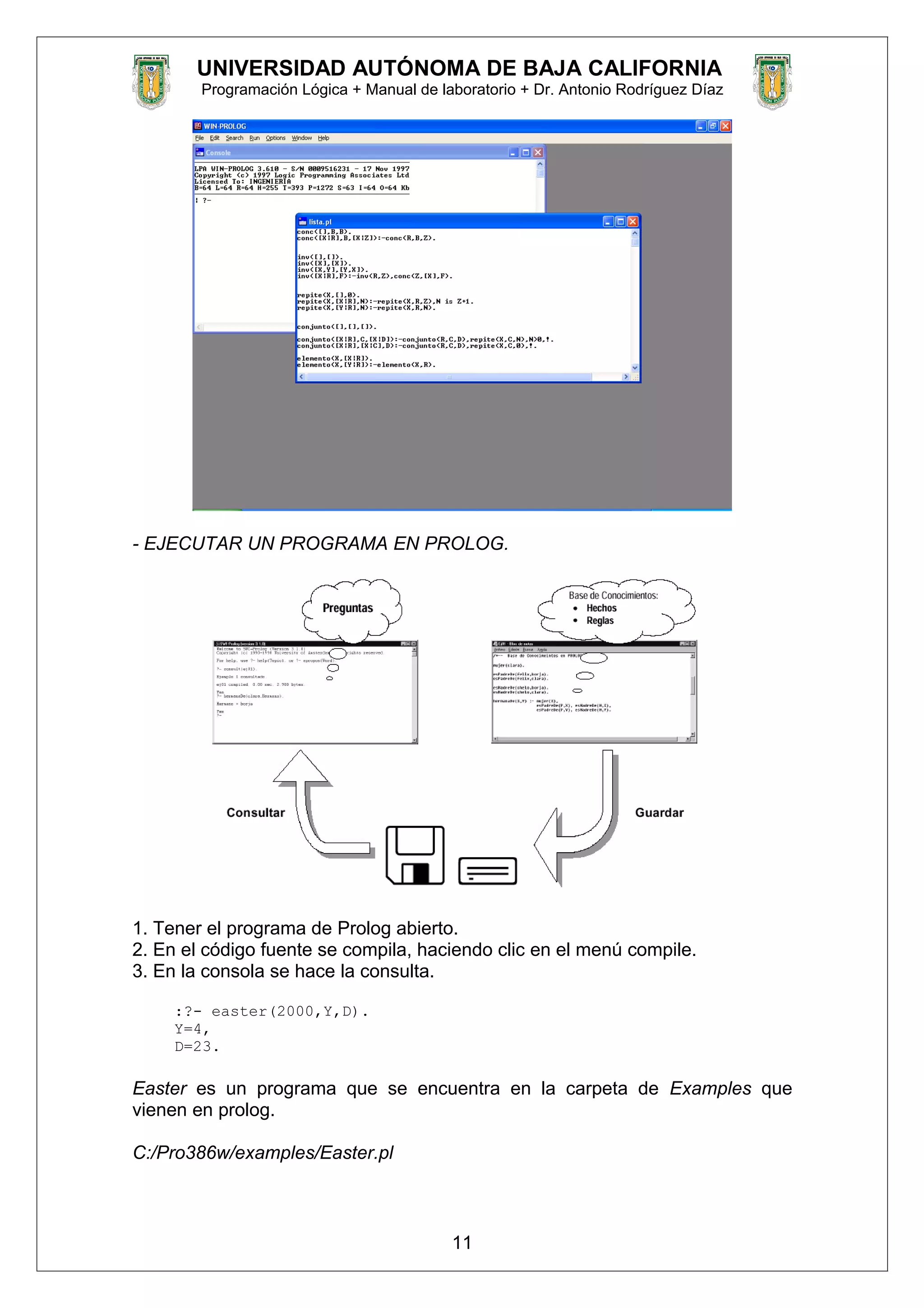 UNIVERSIDAD AUTÓNOMA DE BAJA CALIFORNIA
Programación Lógica + Manual de laboratorio + Dr. Antonio Rodríguez Díaz
- EJECUTAR UN PROGRAMA EN PROLOG.
1. Tener el programa de Prolog abierto.
2. En el código fuente se compila, haciendo clic en el menú compile.
3. En la consola se hace la consulta.
:?- easter(2000,Y,D).
Y=4,
D=23.
Easter es un programa que se encuentra en la carpeta de Examples que
vienen en prolog.
C:/Pro386w/examples/Easter.pl
11
 