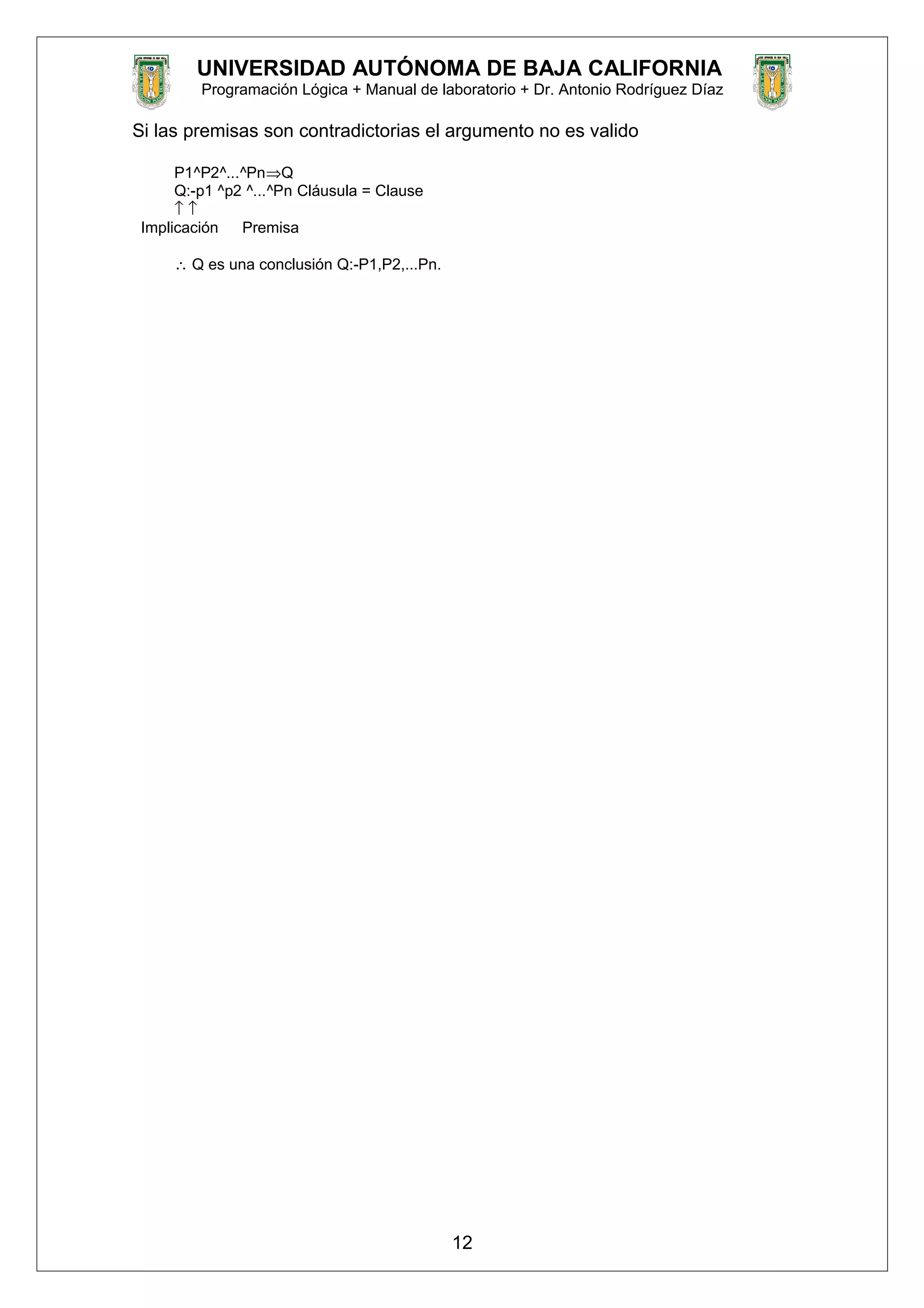 UNIVERSIDAD AUTÓNOMA DE BAJA CALIFORNIA
Programación Lógica + Manual de laboratorio + Dr. Antonio Rodríguez Díaz
Si las premisas son contradictorias el argumento no es valido
P1^P2^...^Pn⇒Q
Q:-p1 ^p2 ^...^Pn Cláusula = Clause
↑ ↑
Implicación Premisa
∴ Q es una conclusión Q:-P1,P2,...Pn.
12
 