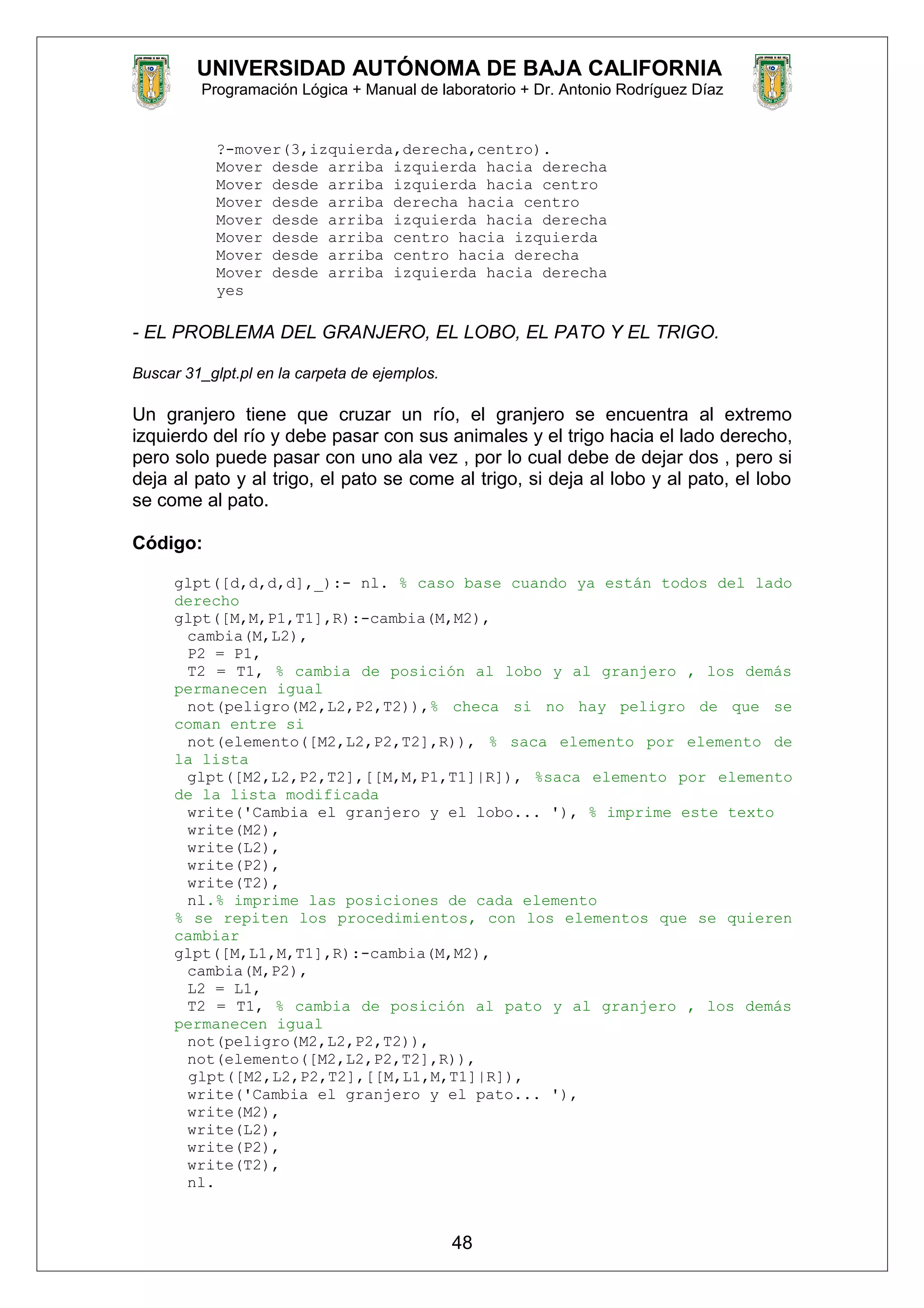 UNIVERSIDAD AUTÓNOMA DE BAJA CALIFORNIA
Programación Lógica + Manual de laboratorio + Dr. Antonio Rodríguez Díaz
?-mover(3,izquierda,derecha,centro).
Mover desde arriba izquierda hacia derecha
Mover desde arriba izquierda hacia centro
Mover desde arriba derecha hacia centro
Mover desde arriba izquierda hacia derecha
Mover desde arriba centro hacia izquierda
Mover desde arriba centro hacia derecha
Mover desde arriba izquierda hacia derecha
yes
- EL PROBLEMA DEL GRANJERO, EL LOBO, EL PATO Y EL TRIGO.
Buscar 31_glpt.pl en la carpeta de ejemplos.
Un granjero tiene que cruzar un río, el granjero se encuentra al extremo
izquierdo del río y debe pasar con sus animales y el trigo hacia el lado derecho,
pero solo puede pasar con uno ala vez , por lo cual debe de dejar dos , pero si
deja al pato y al trigo, el pato se come al trigo, si deja al lobo y al pato, el lobo
se come al pato.
Código:
glpt([d,d,d,d],_):- nl. % caso base cuando ya están todos del lado
derecho
glpt([M,M,P1,T1],R):-cambia(M,M2),
cambia(M,L2),
P2 = P1,
T2 = T1, % cambia de posición al lobo y al granjero , los demás
permanecen igual
not(peligro(M2,L2,P2,T2)),% checa si no hay peligro de que se
coman entre si
not(elemento([M2,L2,P2,T2],R)), % saca elemento por elemento de
la lista
glpt([M2,L2,P2,T2],[[M,M,P1,T1]|R]), %saca elemento por elemento
de la lista modificada
write('Cambia el granjero y el lobo... '), % imprime este texto
write(M2),
write(L2),
write(P2),
write(T2),
nl.% imprime las posiciones de cada elemento
% se repiten los procedimientos, con los elementos que se quieren
cambiar
glpt([M,L1,M,T1],R):-cambia(M,M2),
cambia(M,P2),
L2 = L1,
T2 = T1, % cambia de posición al pato y al granjero , los demás
permanecen igual
not(peligro(M2,L2,P2,T2)),
not(elemento([M2,L2,P2,T2],R)),
glpt([M2,L2,P2,T2],[[M,L1,M,T1]|R]),
write('Cambia el granjero y el pato... '),
write(M2),
write(L2),
write(P2),
write(T2),
nl.
48
 