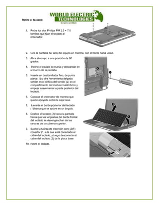 Retire el teclado: 
1. Retire los dos Phillips PM 2.5 × 7.0 tornillos que fijan el teclado al ordenador. 
2. Gire la pantalla del lado del equipo en marcha, con el frente hacia usted. 
3. Abra el equipo a una posición de 90 grados. 
4. Incline el equipo de nuevo y descansar en el marco de la pantalla. 
5. Inserte un destornillador fino, de punta plana (1) u otra herramienta delgada similar en el orificio del tornillo (2) en el compartimiento del módulo inalámbrico y empuje suavemente la parte posterior del teclado. 
6. Coloque el ordenador de manera que quede apoyada sobre la caja base. 
7. Levante el borde posterior del teclado (1) hasta que se apoye en un ángulo. 
8. Deslice el teclado (2) hacia la pantalla hasta que las lengüetas del borde frontal del teclado se desenganchan de las ranuras de la cubierta superior. 
9. Suelte la fuerza de inserción cero (ZIF) conector (1) a la que está conectado el cable del teclado, y luego desconecte el 
cable del teclado (2) de la placa base 
10. Retire el teclado. 
 