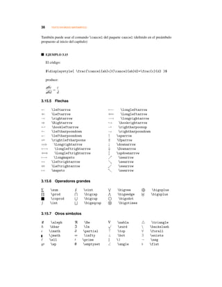 38 TEXTO EN MODO MATEMÁTICO
También puede usar el comando cancel del paquete cancel (deﬁnido en el preámbulo
propuesto al inicio del capítulo)
EJEMPLO 3.15
El código:
$displaystyle{ frac{cancel{ab}c}{cancel{ab}d}=frac{c}{d} }$
produce:
abc
abd
=
c
d
3.15.5 Flechas
← leftarrow
⇐ Leftarrow
→ rightarrow
⇒ Rightarrow
← hookleftarrow
leftharpoondown
leftharpoondown
rightleftharpoons
=⇒ Longrightarrow
←→ longleftrightarrow
⇐⇒ Longleftrightarrow
−→ longmapsto
↔ leftrightarrow
⇔ Leftrightarrow
→ mapsto
←− longleftarrow
⇐= Longleftarrow
−→ longrightarrow
→ hookrightarrow
rightharpoonup
rightharpoondown
↑ uparrow
⇑ Uparrow
↓ downarrow
⇓ Downarrow
updownarrow
nearrow
searrow
swarrow
nwarrow
3.15.6 Operadores grandes
∑ sum
∏ prod
coprod
int
oint
bigcap
bigcup
bigsqcup
bigvee
bigwedge
bigodot
bigotimes
bigoplus
biguplus
3.15.7 Otros símbolos
ℵ aleph
hbar
ı imath
jmath
ell
℘ wp
ℜ Re
ℑ Im
∂ partial
∞ infty
prime
/0 emptyset
∇ nabla√
surd
top
⊥ bot
|
∠ angle
triangle
 backslash
∀ forall
∃ exists
¬ neg
flat
 