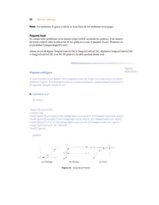 52 OBJETOS Y GRÁFICOS
Nota: los ambientes figure y table se usan fuera de los ambientes minipage.
Paquete ﬂoat
Es común tener problemas en la manera como LaTeX acomoda los gráﬁcos. Una manera
de tomar control sobre la ubicación de los gráﬁcos es usar el paquete float: Ponemos en
el preámbulousepackage{float}.
Ahora, envezde digitarbegin{table}[h] obegin{table}[h], digitamos begin{table}[H]
o begin{table}[H] (con H): El gráﬁco o la tabla quedará donde está.
Tópico
AdicionalPaquete subﬁgure
A veces tenemos varias ﬁguras y nos encantaría poner un caption a cada una en un mismo
ambiente figure. Estolopodemoshacersiusamoselpaqueteusepackage{subfigure}.
El siguiente ejemplo ilustra su uso.
EJEMPLO 4.13
El código:
begin{figure}[H]
centering
subfigure[Converge]{includegraphics[scale=0.5]{images/newton6.eps}}
subfigure[Diverge]{includegraphics[scale=0.5]{images/newton5.eps}}
subfigure[Ciclo]{includegraphics[scale=0.5]{images/newton4.eps}}
caption{Iteracin de Newton}
end{figure}
produce:
-1 1 60
x1x2
(a) Converge
x3
x1
x4
x0 2x
(b) Diverge
x0x4x3x2 x5=
(c) Ciclo
Figura 4.4 Iteración de Newton
 