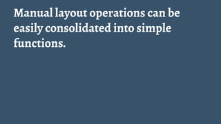 Manual Layout Operations
— Add convenience methods to simplify code
— Apply changes to collections of views at the same ti...